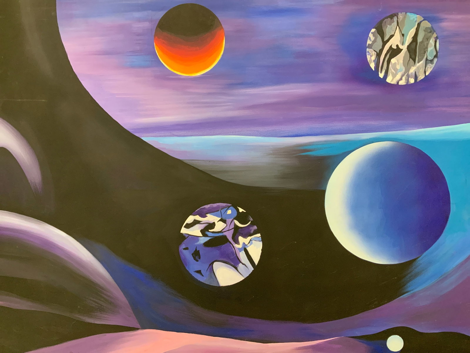 Perli Pelzig Galilean Satellites Jupiter Painting: Acrylic painting on canvas. Titled Galilean Satellites of Jupiter. Art by Perli Pelzig. Subject depicts purple and blue toned space with 5 abstract patterned planets. Canvas measures approx. 60 W x 48