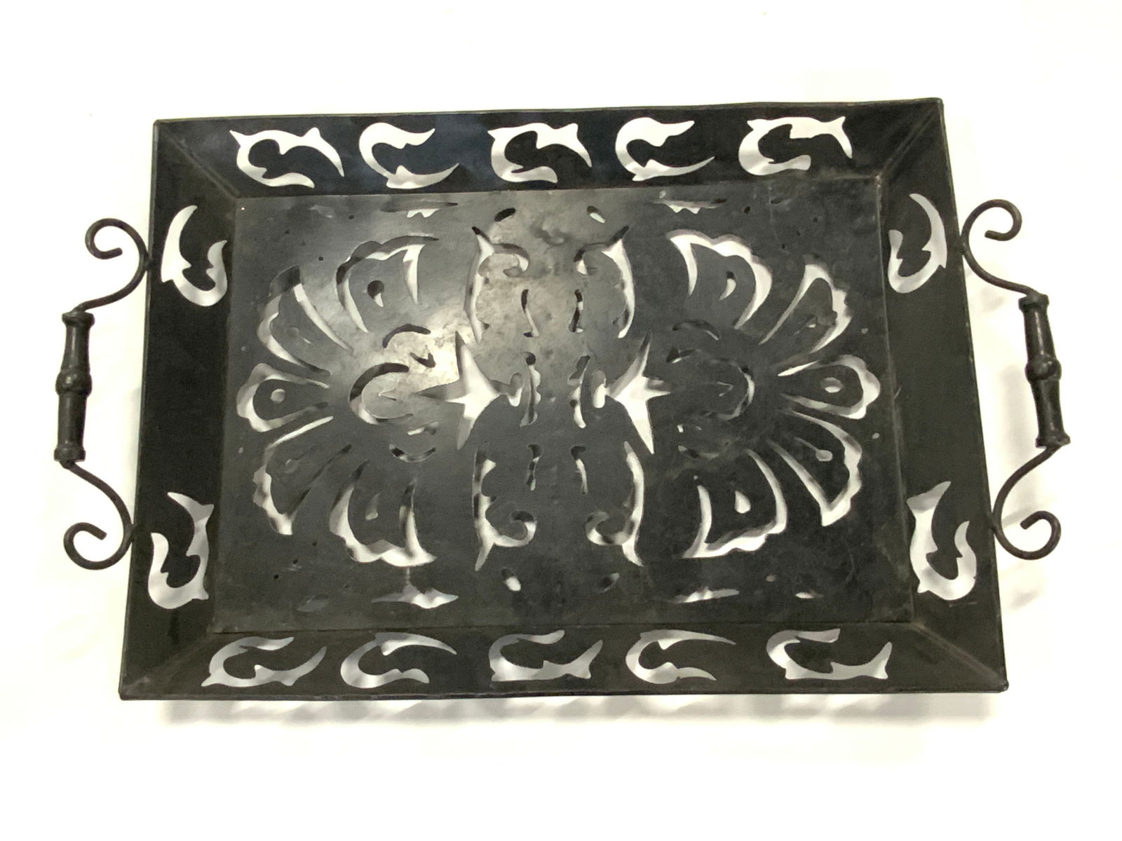 Vintage Black Pierced Metal Handled Serving Tray (1 of 9)