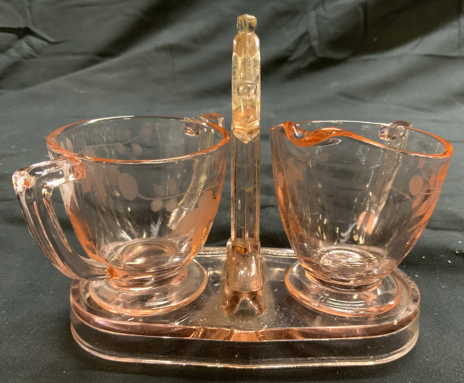 Set 3 Depression Gls Creamer Sugar & Stand: Lot includes 1 creamer dish, 1 sugar dish & 1 stand. Each piece is pink toned with frosted floral vine and leaf detail. Stand measures approximately 4.75 inches tall, 5.5 inches wide, 2.5 inches deep.