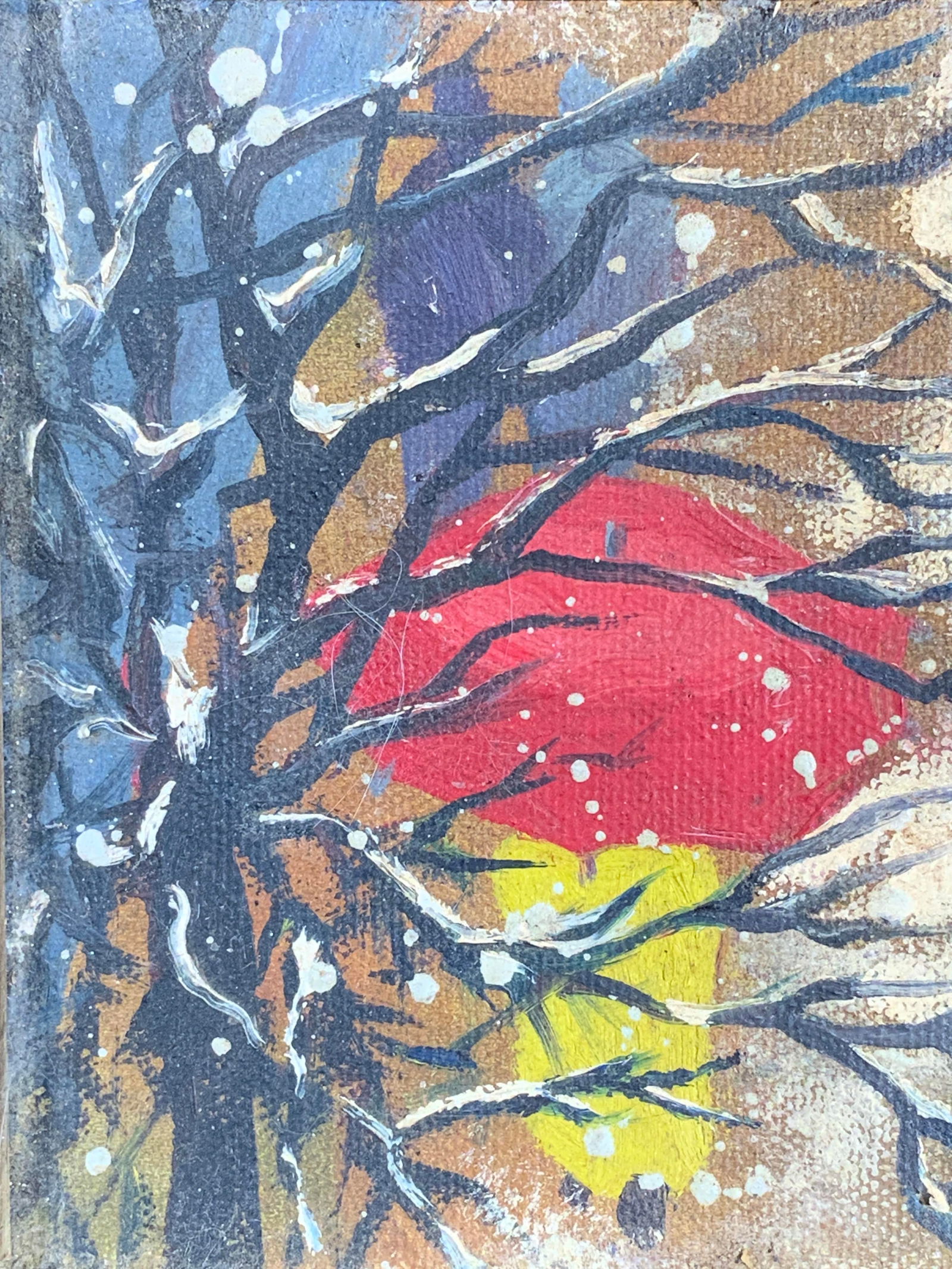 Red Umbrella in The Snow Framed Acrylic Painting: Acrylic painting on canvas. Subject depicts an aerial perspective through a bare tree of a person walking in a yellow coat and holding a red umbrella. Framed in a gilt wooden frame with a beaded motif