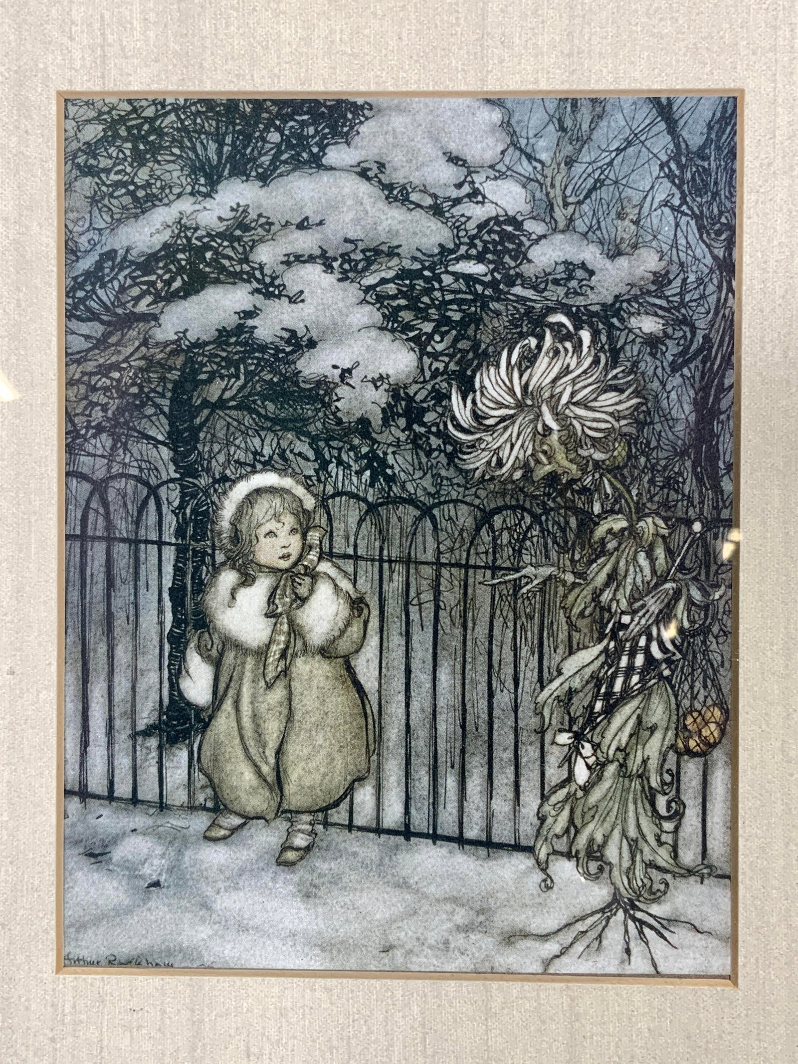 After Arthur Rackham Peter Pan Flower Fairy Litho: Lithograph on paper. Art after Arthur Rackham for the novel Peter Pan in Kensington Gardens. Subject depicts a chrysanthemum fairy pointing at a little girl. Verso reads A chrysanthemum heard her, and