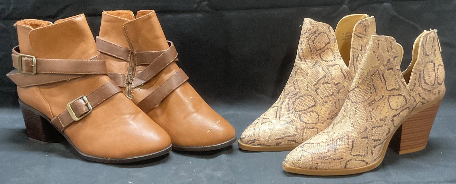 Lot 2 Rogue 9 Faux Snakeskin & Leather Boots: Lot of 2 pairs of Rogue 9 tan faux snakeskin and faux leather booties. Both size 10. Both pairs have wear to materials and soles consistent with exposure. Rogue 9, rogue 9 boots, ladies designer boots