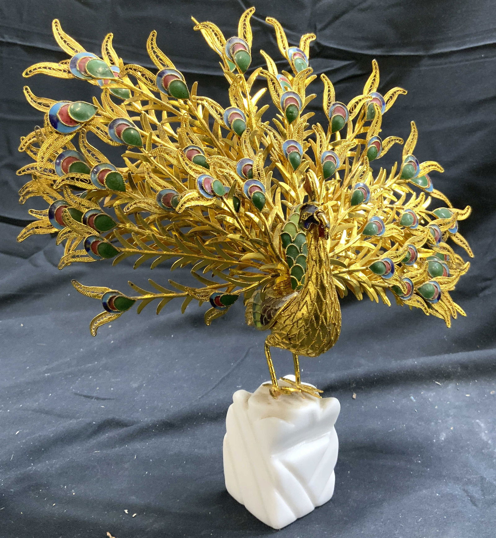 Vintage Gilt & Enamel Peacock Figure On Stone Base (1 of 6)