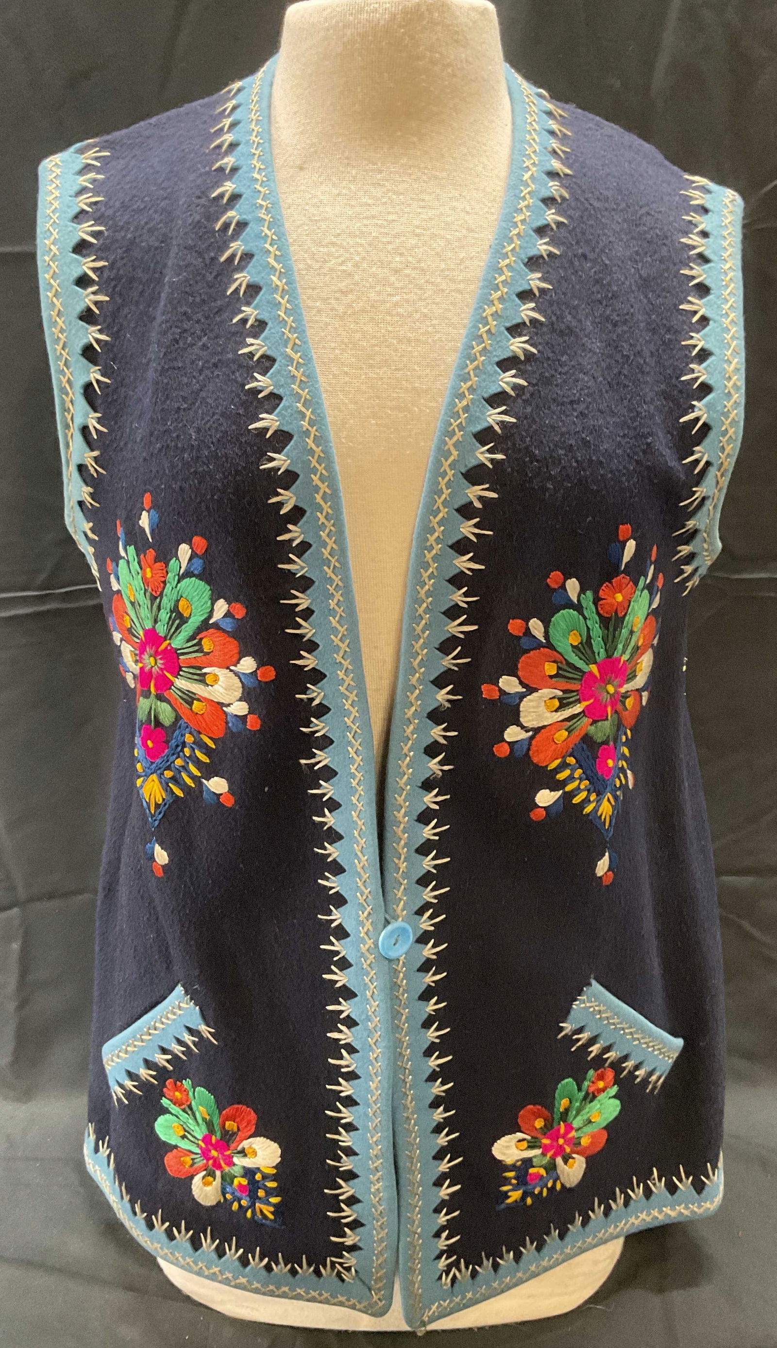 Vntg Handmade Embroidered Blue Wool Vest (1 of 6)