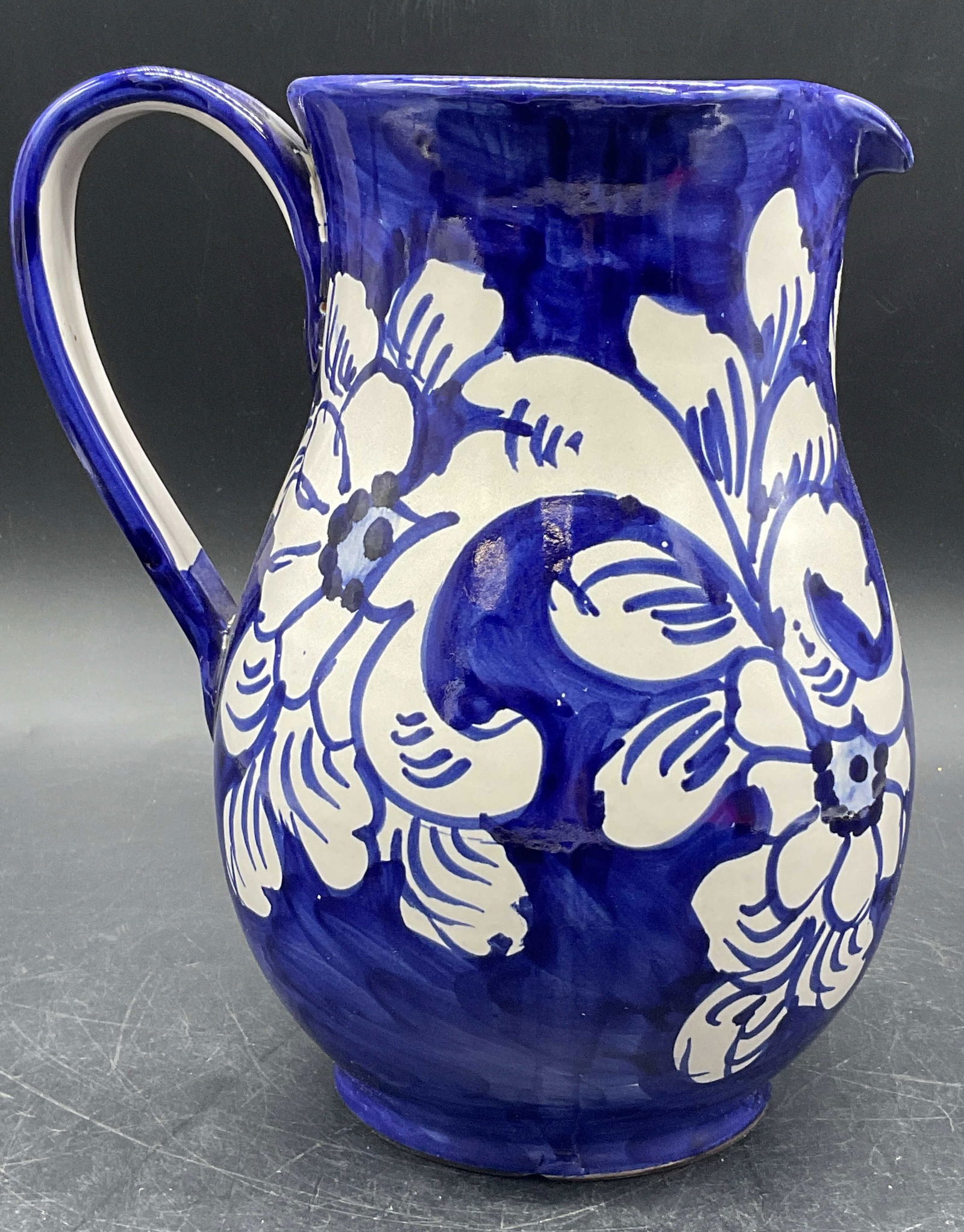 Signed Hand Painted Blue & White Pottery Pitcher (1 of 8)