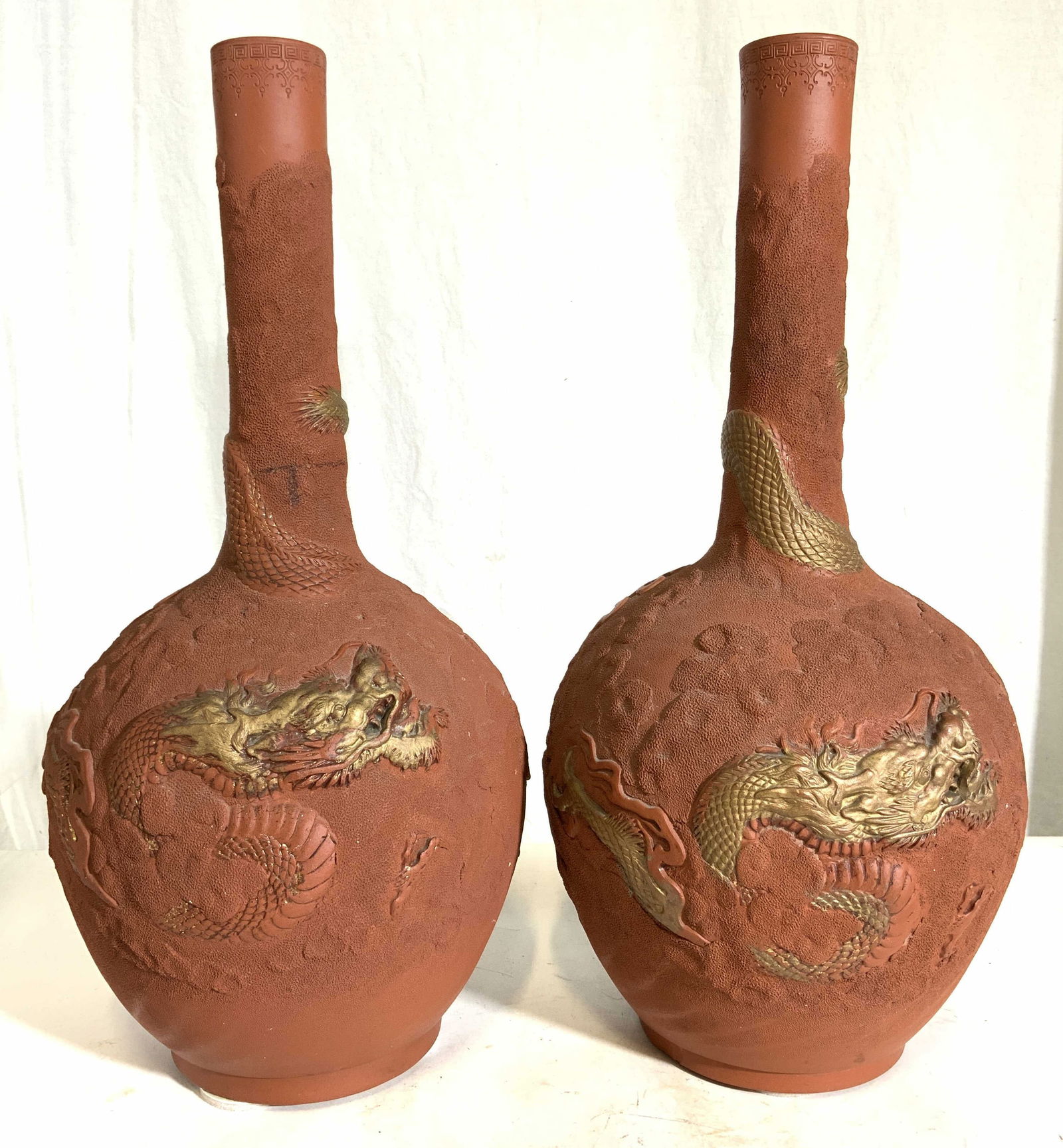 2 Asian Terra Cotta Ceramic NarrowMouth Vases 19in (1 of 10)