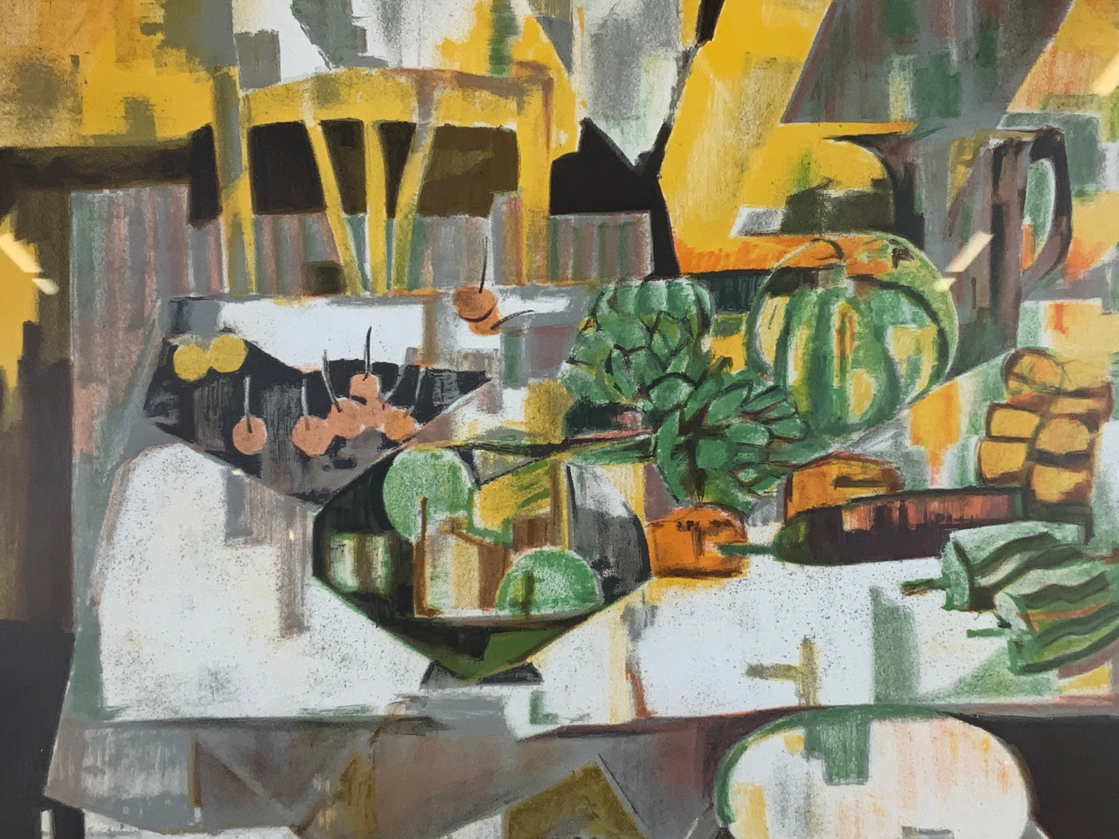 Framed & Signed Herve Masson Bountiful Table Litho: Lithograph on paper. Signed in lower right corner. Art by Herve Masson, Mauritania (1919-1980). Subject depicts a table filled with fruit and vegetables. Inscription in lower left corner illegible. Fr