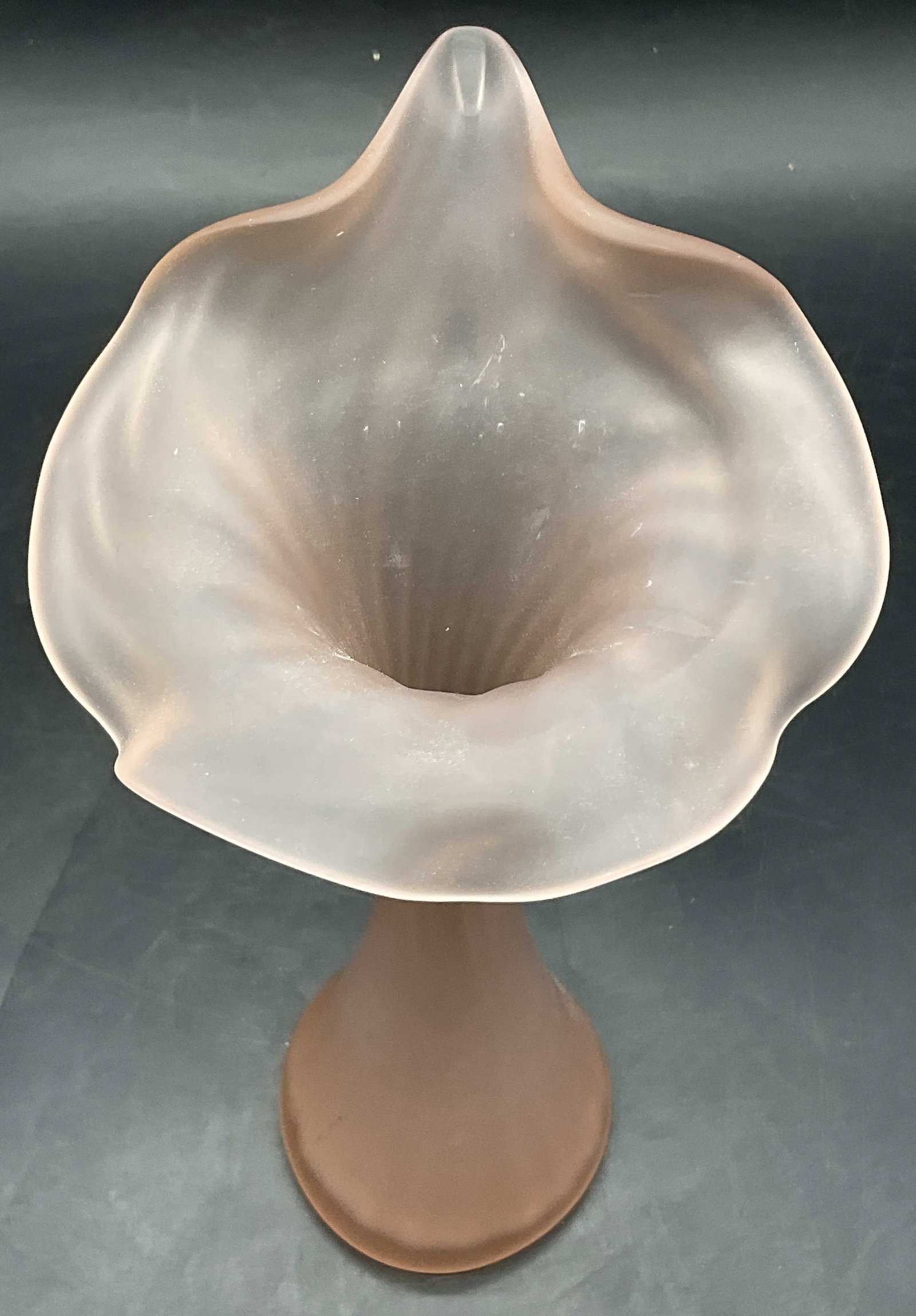 Jack in the Pulpit Pink Frosted Glass Vase: A pink frosted glass Jack in the Pulpit form vase. Measures approx. 9H x 4W in. Chipping and surface wear present. home decor, home accents, homewares, housewares, home accessories. collectibles, Deco