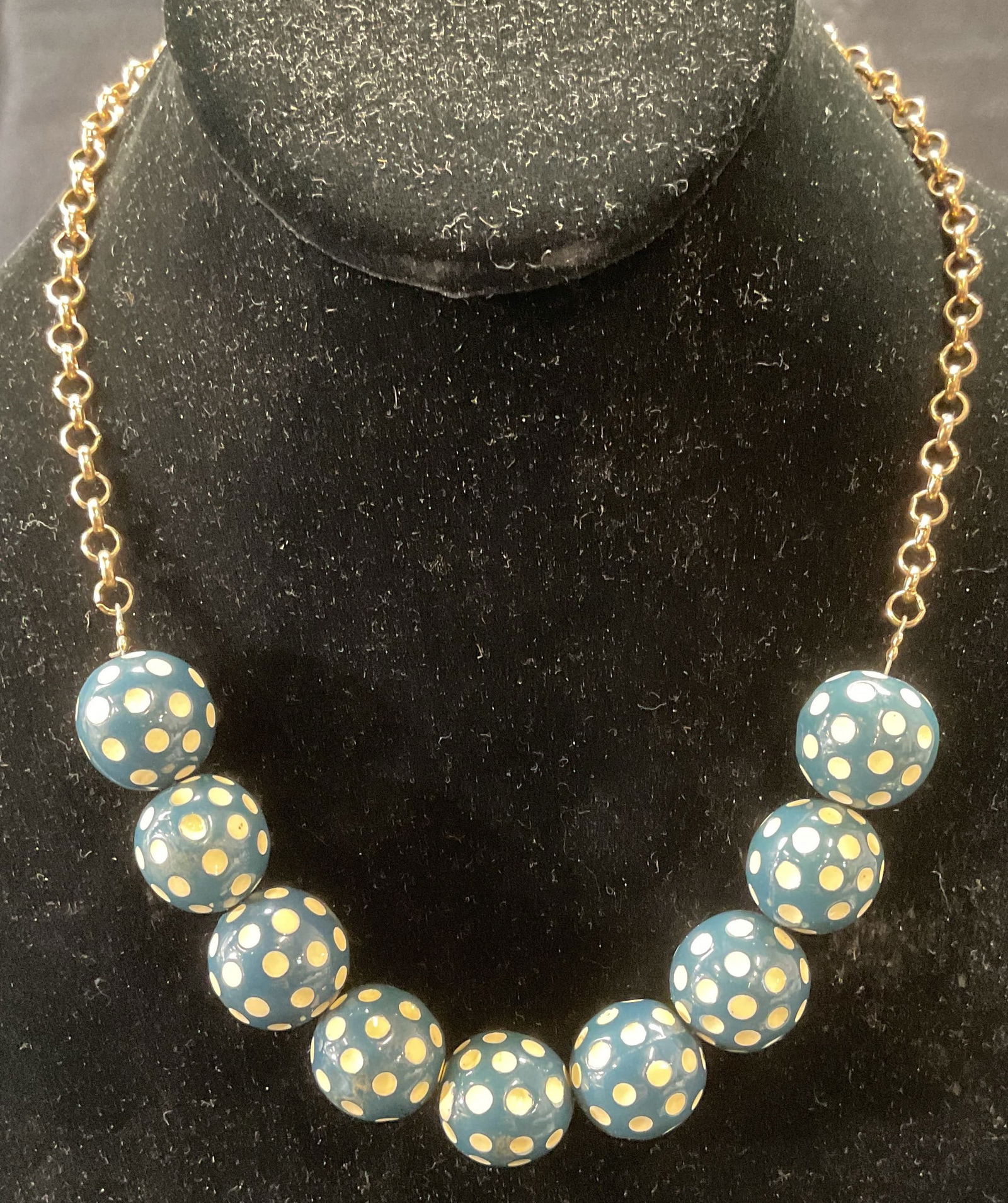 Gold Tn Blue & White Dot Beaded Necklace: Gold tone chain necklace with blue and white dot beads. Drop length approx. 8 inches. Some surface wear including scratching observed. Jewelry, estate jewelry, costume jewelry, cocktail jewelry, fashi