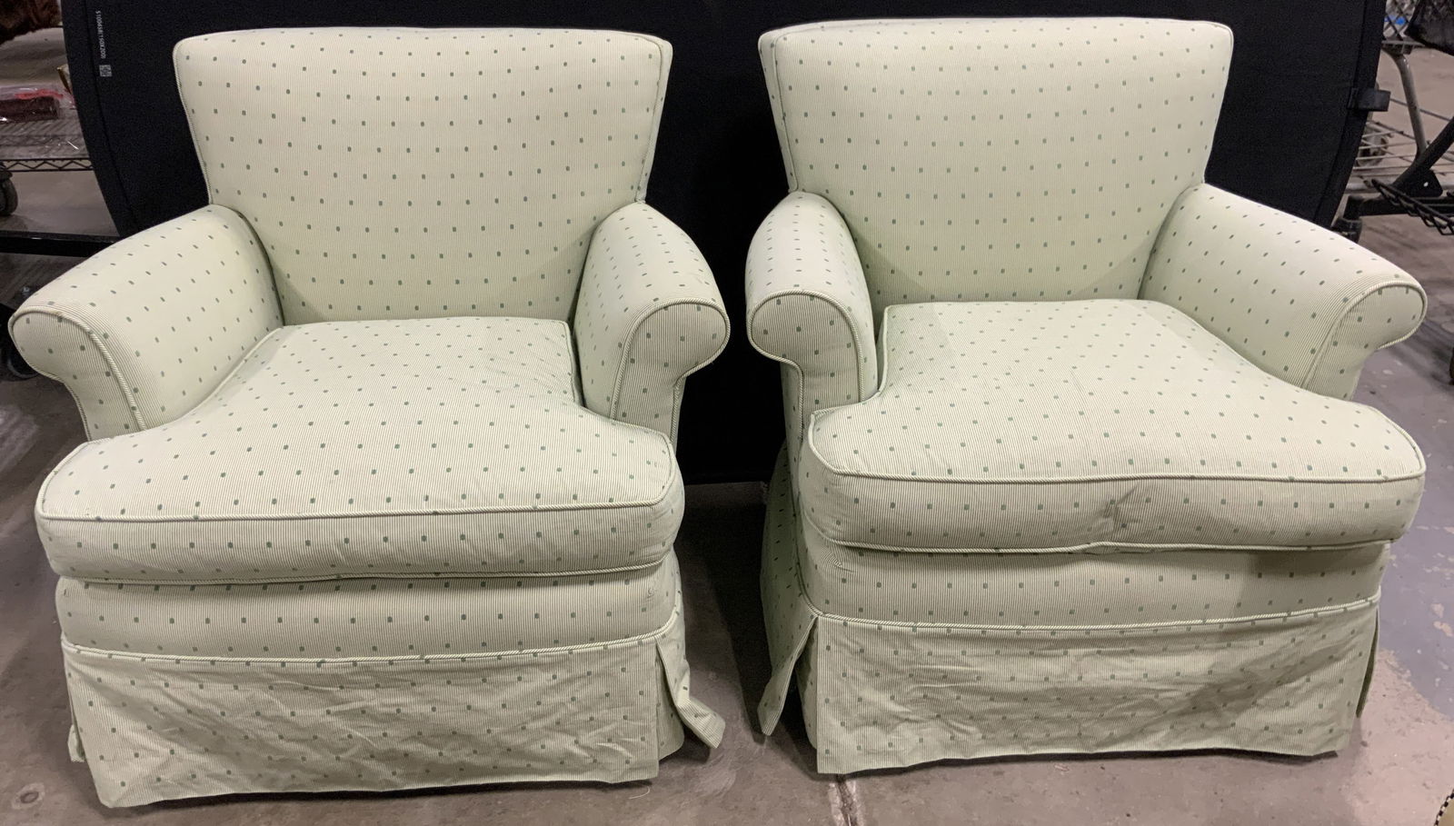 Pair Vintage Skirted Armchairs Green (1 of 9)