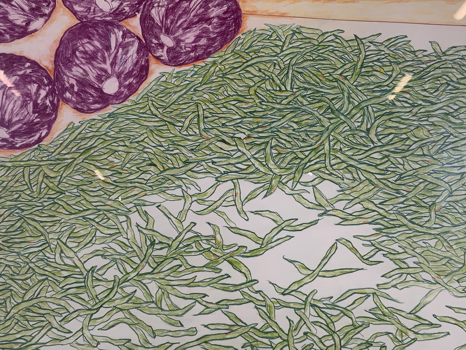 Tucker Vntg Green Beans & Red Cabbage Illustration: Colored Pencil Drawing on paper. Signed in lower right corner. Signature reads Tucker. Dated 1980. Subject depicts a table covered in a large pile of green beans and to the left, lots of red cabbages.