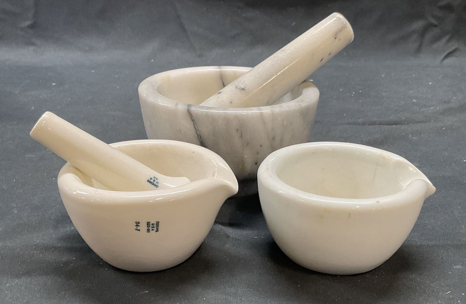 Lot 3 Vntg Coors Porcelain Mortar & Pestle, More: Lot of 3 pieces. Vintage Coors porcelain mortar and pestle. Signed on sides. Vintage porcelain mortar. Vintage marble mortar and pestle. Largest piece measures approx. 4.5 x 2.5 inches. All pieces hav
