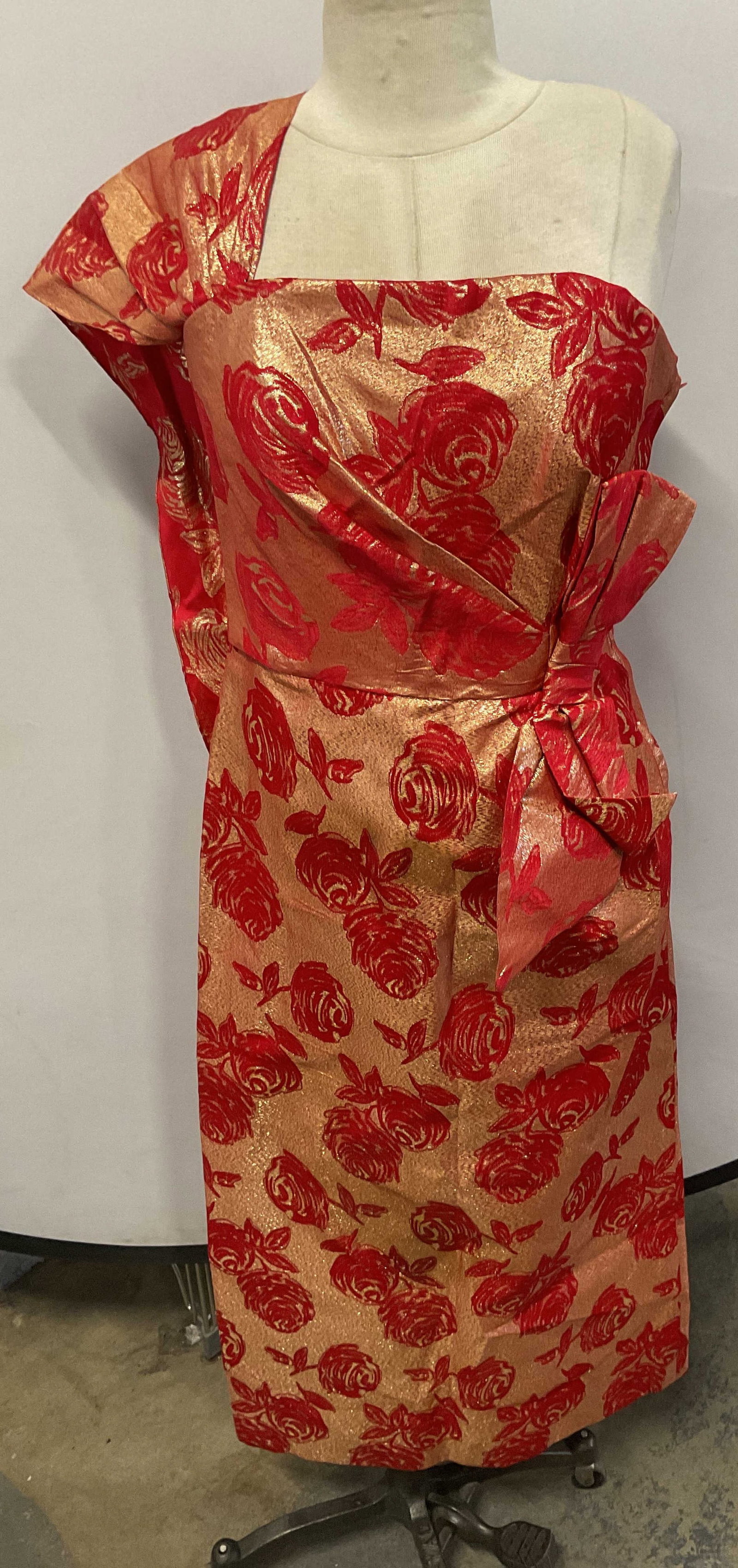 Vntg Handmade Red & Gold Floral Evening Dress: Vintage handmade gold and red floral print evening dress. One strap with bow decoration. Side zipper. Measures approx. 15.5 inches across chest and 14 inches across waist. Material feels synthetic. So