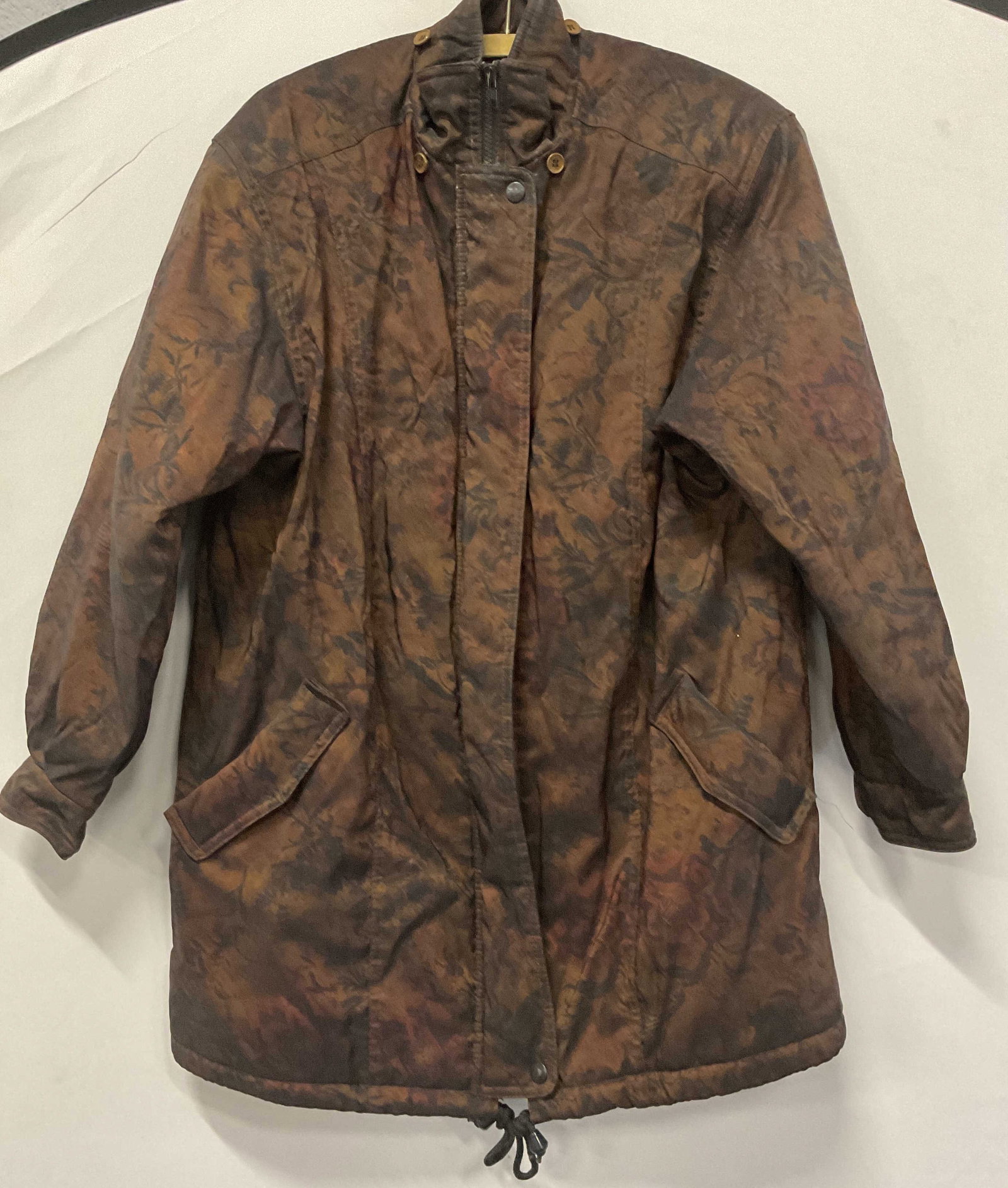 Forecaster of Boston Brown Floral Print Coat: Forecaster of Boston brown multicolor floral print coat. Size XS. Synthetic material. Wear to: material consistent with exposure. Needs cleaning. Forecaster of Boston, forecaster coat, ladies designer