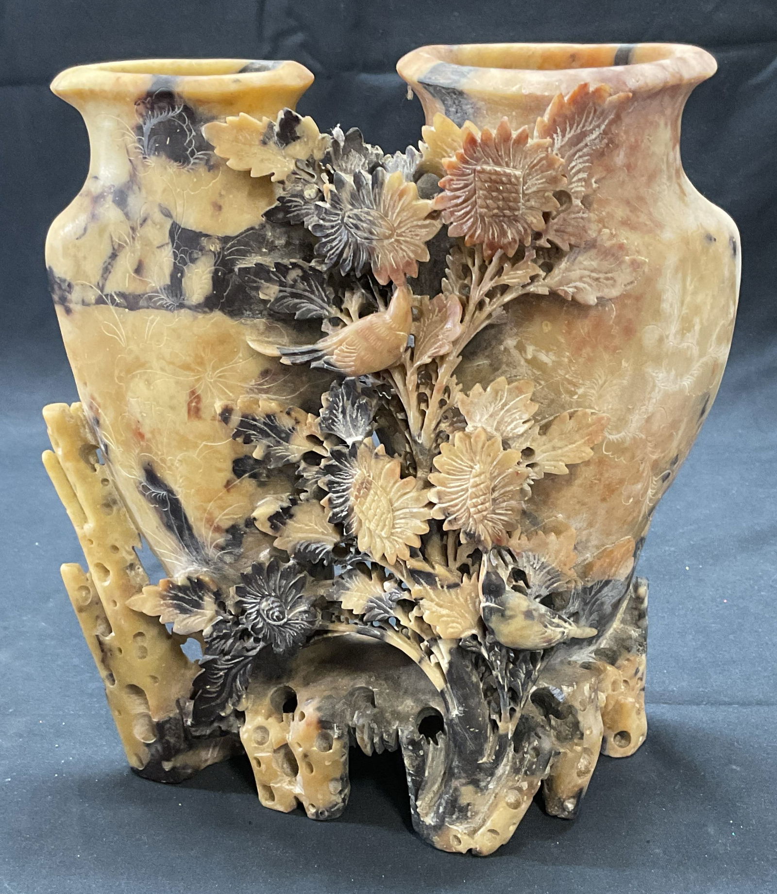 Asian Hand Carved Stone Double Base with Flowers (1 of 6)