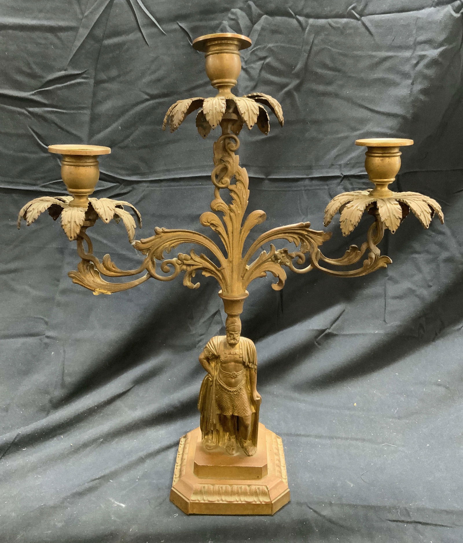 Antq 3 Arm Art Nouveau Brass Candelabra W Male Fig (1 of 8)