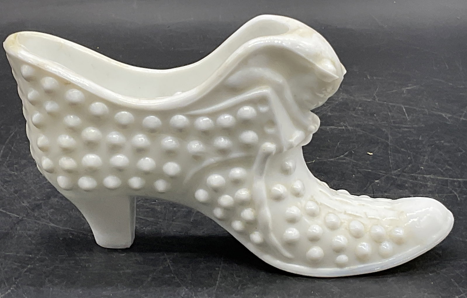 Vintage White Hobnail Milk Glass Shoe Figural: A vintage white hobnail glass shoe figural. Measures approx. 3H x 5.5W in. Some surface wear and residue present. home decor, home accents, homewares, housewares, home accessories, collectibles, Decor