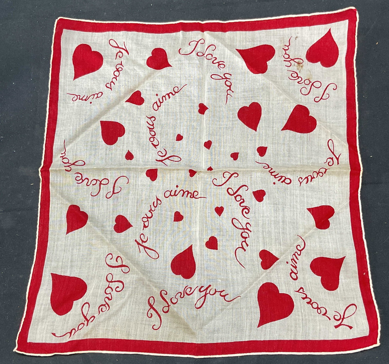 Vintage I love You Heart Red & White Handkerchief: Vintage red and white cotton handkerchief with I Love You and heart print. Measures approx. 12 x 12.5 inches. Some swear to material including blemishes observed. Handkerchief, vintage handkerchief, v
