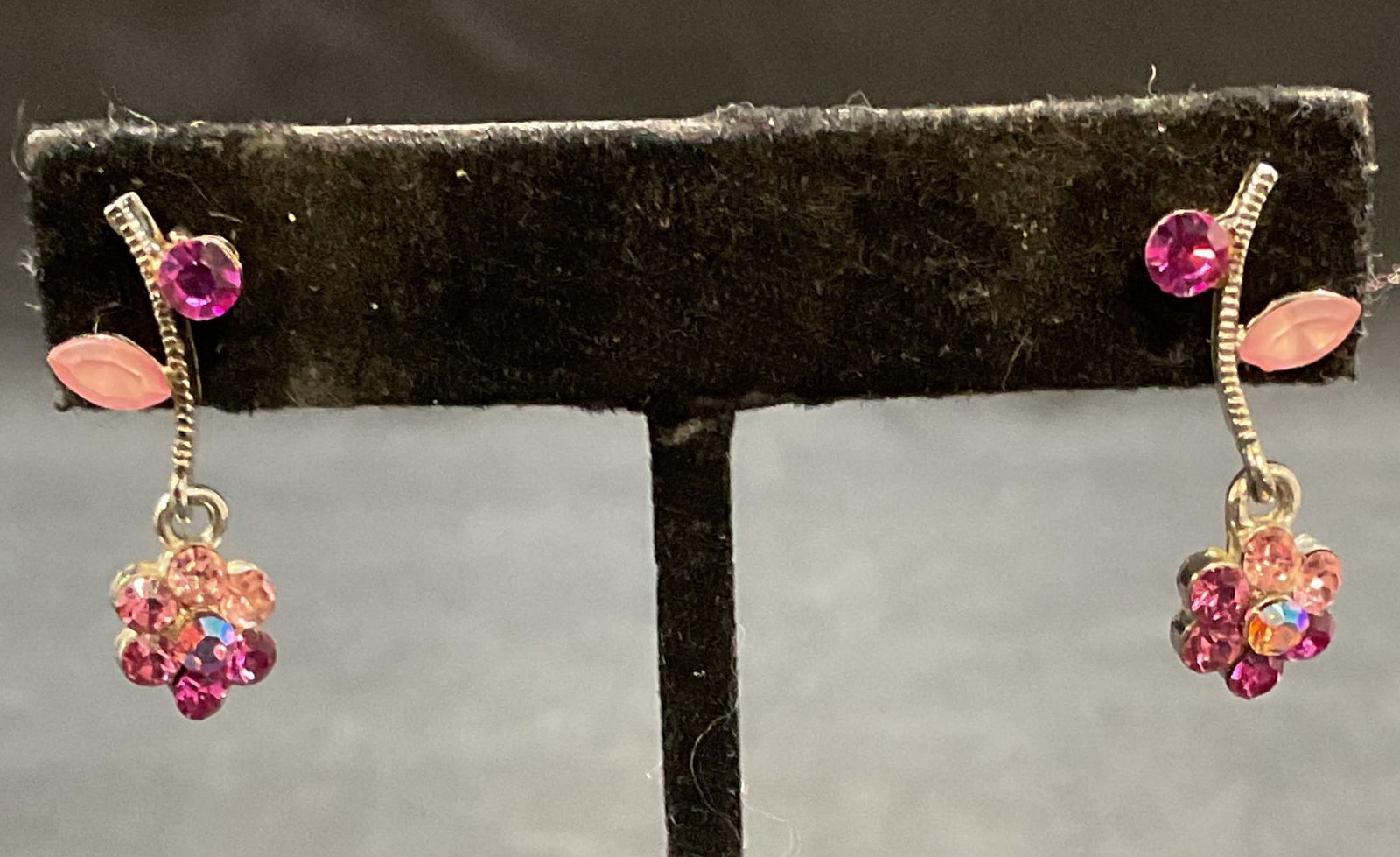 Silver Tone Pink Crystal Flower Dangle Earrings (1 of 6)