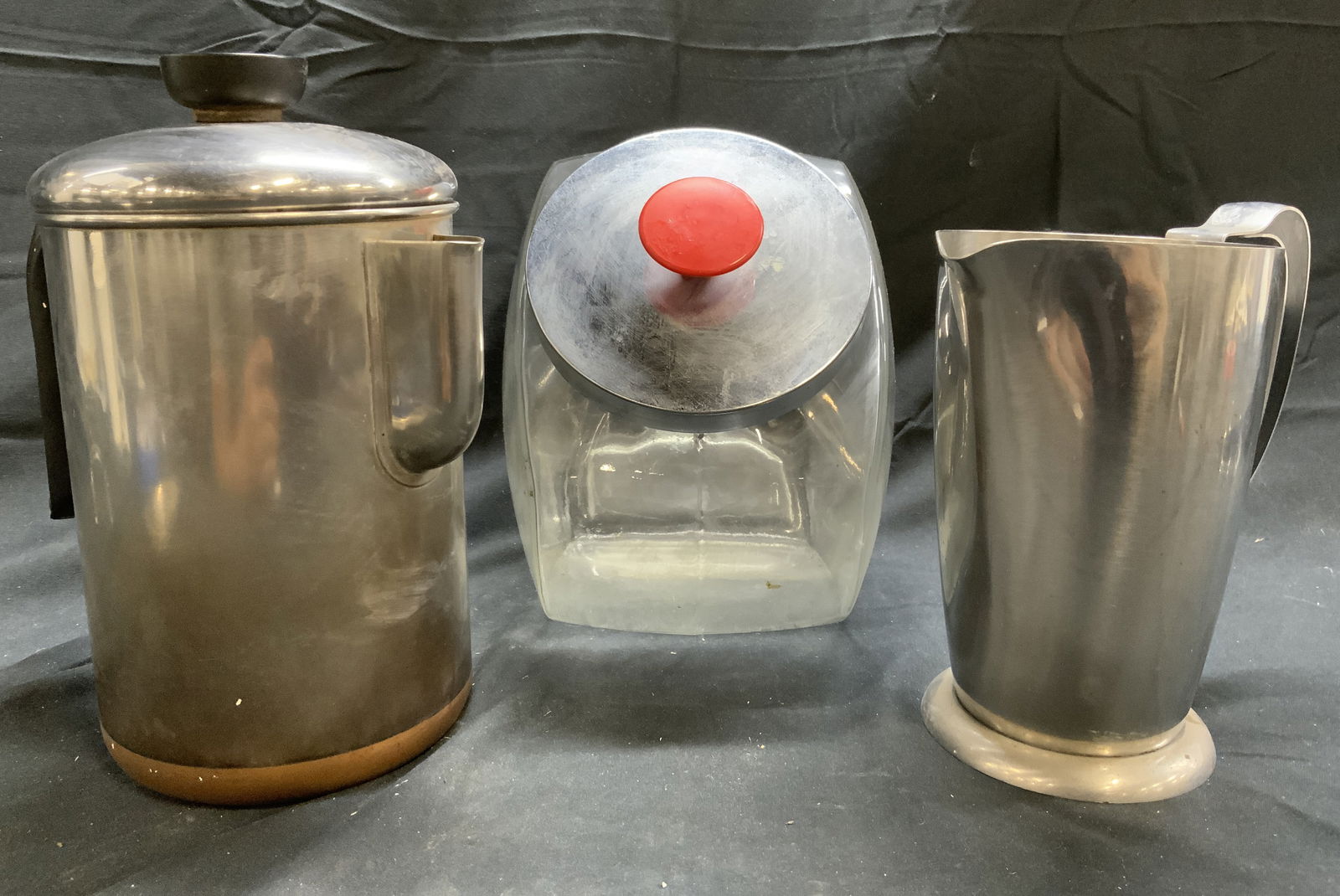 Lot 3 Metal Pitchers & Glass Jar W Lid (1 of 7)