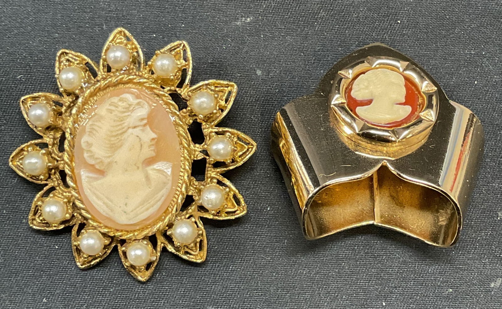 Lot 2 BSK Gold Tn Faux Pearl Cameo Brooch + (1 of 8)