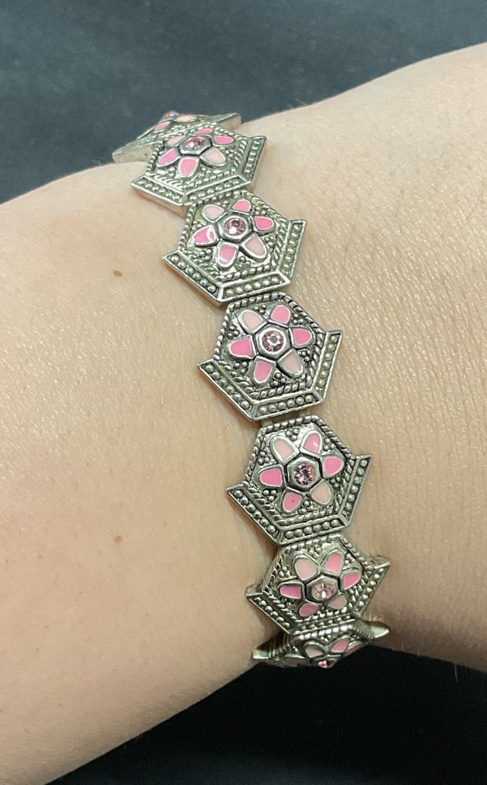 Silver Tn Pink Enamel Crystal Flower Bracelet (1 of 6)
