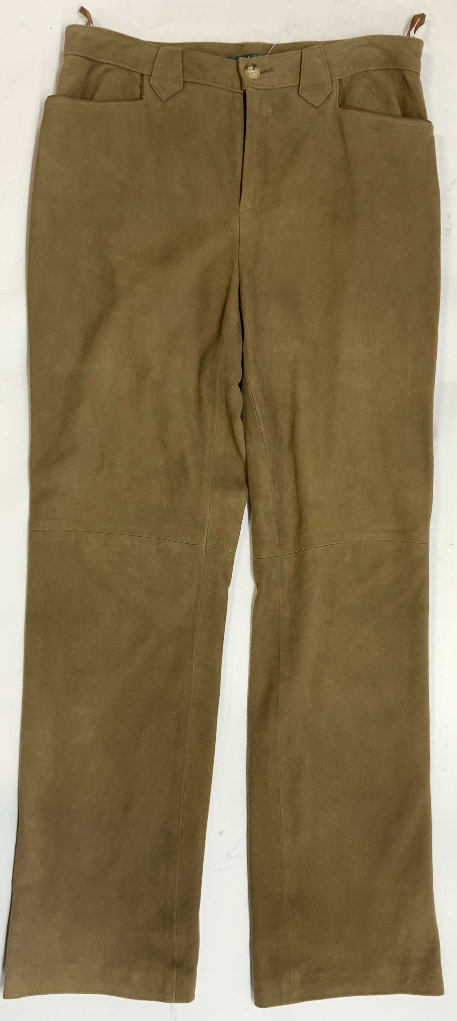 RALPH LAUREN Womens Suede Pants Beige Sz 8: Tag reads RALPH LAUREN 100% Suede, 8. Pants are beige toned. Pants have front zipper, button, belt loops, & front pockets. Waist to base measures approximately 40 inches long. Pants, suede pants, Ralp