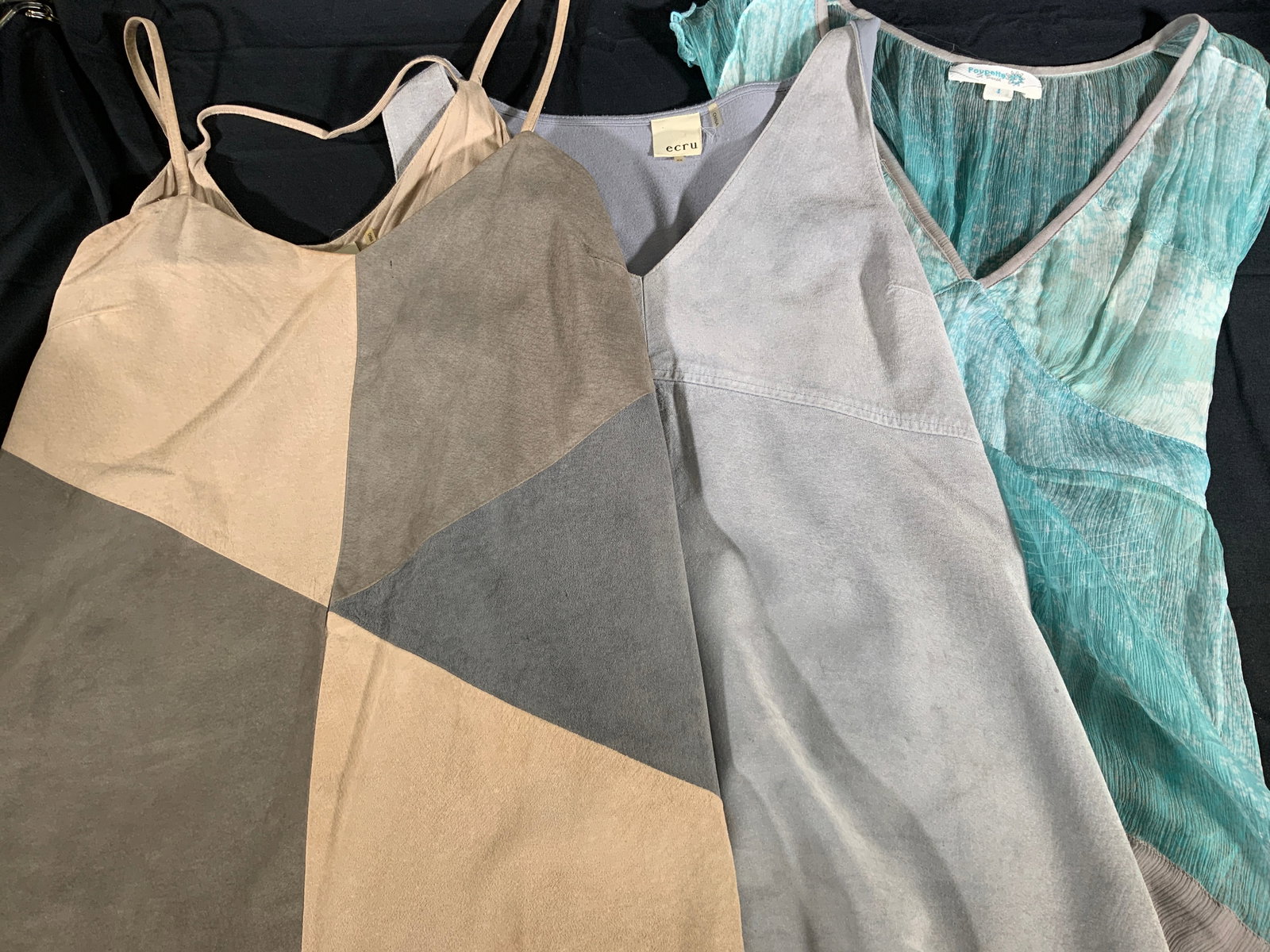 Lot 3 Ecru & Poupette St. Barth Tank Tops: 3 Tank tops. Ecru brand tan, gray, brown, and blue top, 100% leather front, 100% polyester lining, size XS. Ecru Baby Blue leather/pleather top, 100% leather, 100% polyester lining, size XS. Poupette