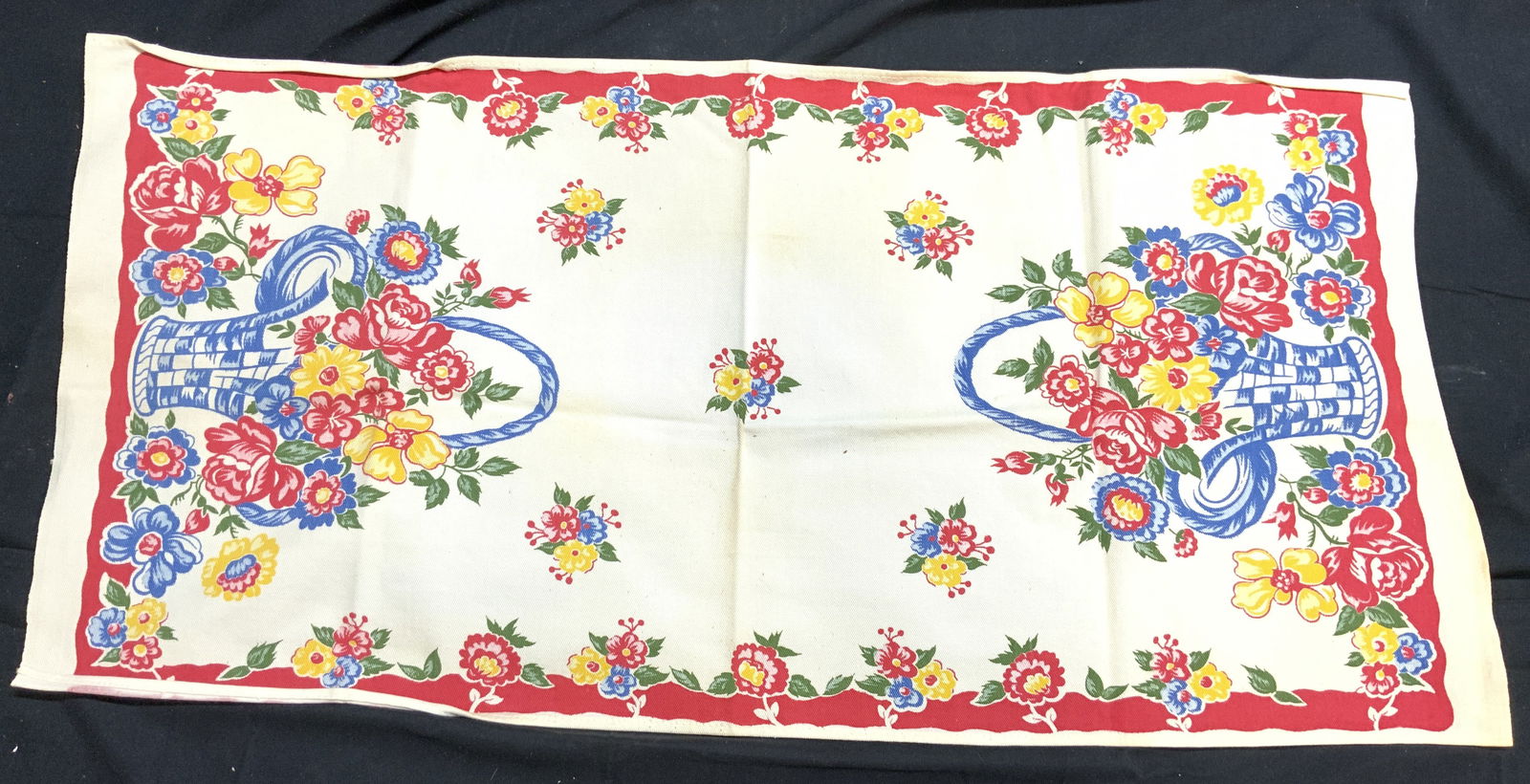Vintage Floral Detailed Table Linen: Table linen is vintage. Piece is cream with multi toned floral, leaf & basket detail. Table linen measures approximately 29 inches long 14 inches wide. Linen, table linen, vintage floral table linen,