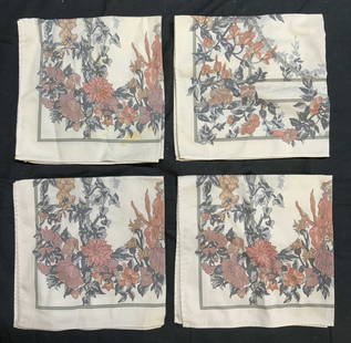JIM THOMPSON Set 4 Vntg Floral Detailed Tbl Linens: Lot includes 4 table linens. Each are vintage. Linens are cream with multi toned floral table linen, vine and leaf detail. Print signatures read JIM THOMPSON. Each linen measures approximately 16 inch