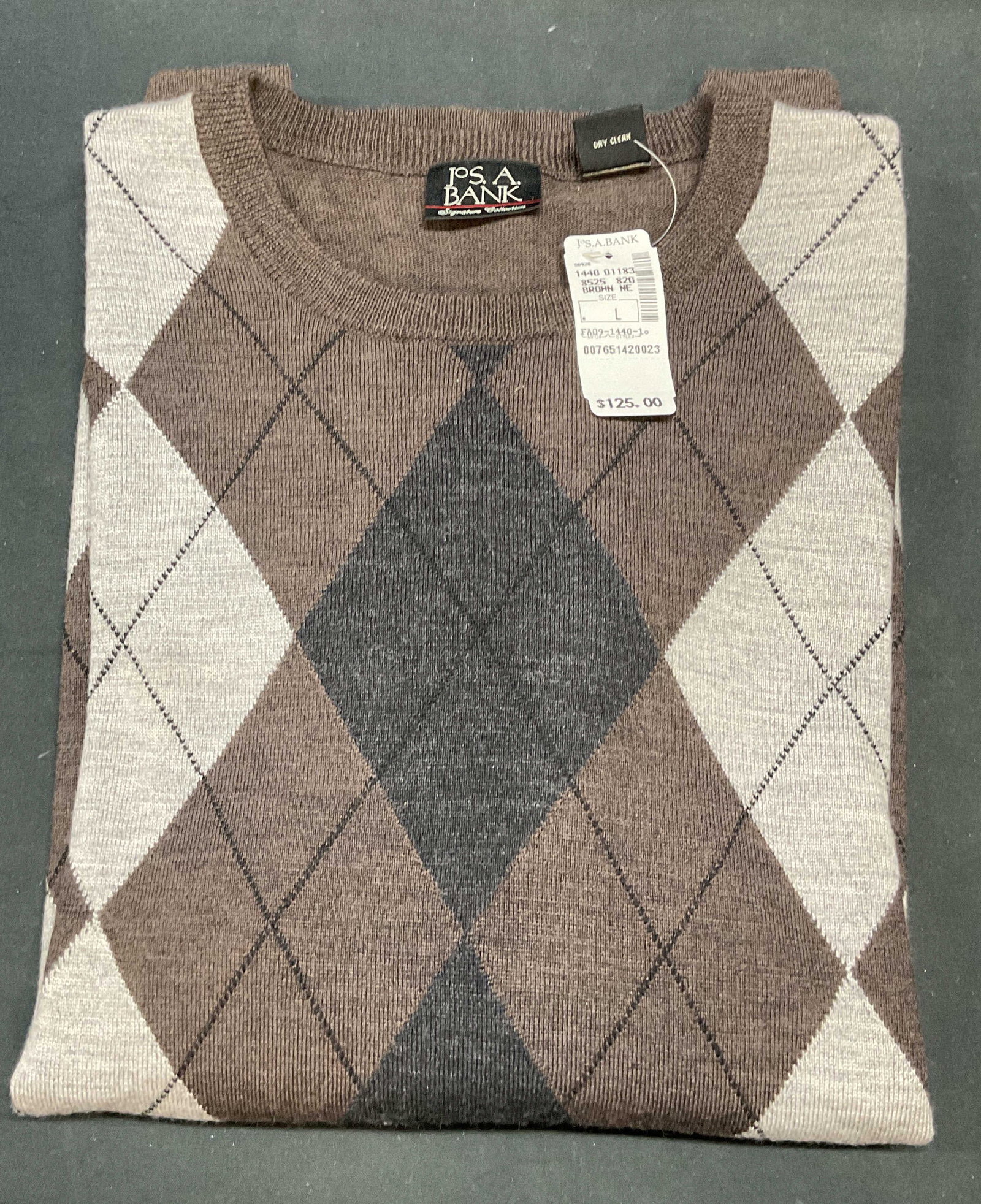 Jos A Bank Merino Wool Brown Argyle Sweater NWT: Jos A Bank merino wool argyle pattern sweater in brown and grey. Size L. New with tag. Some wear to material consistent including hole on back consistent with exposure. Jos a bank, Jos a bank sweater,