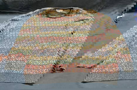 Vntg Tricots St Raphael Cotton Blend Sweater: Vintage Tricots St Raphael knit sweater in red, green, yellow, and grey, cotton blend. Size L. Some wear to material consistent with exposure. Tricots st Raphael, tricots st Raphael sweater, mens desi