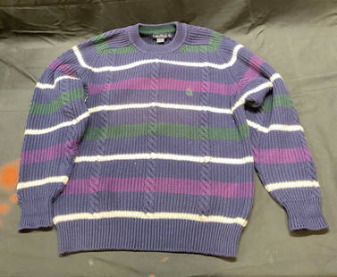 Vintage Nautica Blue Striped Cotton Sweater: Vintage Nautica Blue, white, green, and purple striped knit sweater. Size M. 100% cotton. Some wear to material including small blemishes consistent with exposure. Nautica, Nautica sweater, mens desig