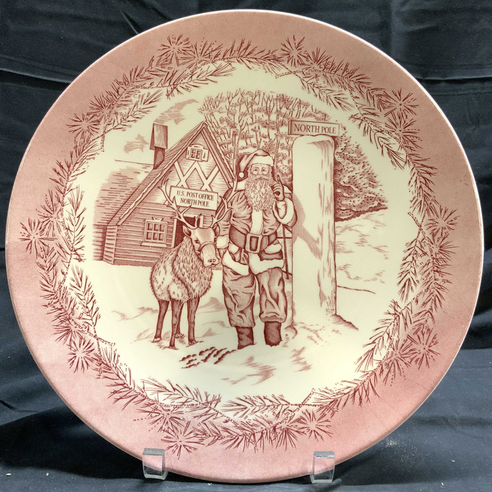 WEDGWOOD OLDE ST NICK Porcelain Plate England: Underside reads OLDE ST NICK BY JOSIAH WEDGWOOD & SONS LTD FORM WILLIAMS SONOMA MADE IN ENGLAND. Plate is porcelain. Piece is cream with red toned detail depicting Santa Claus & one reindeer at the No