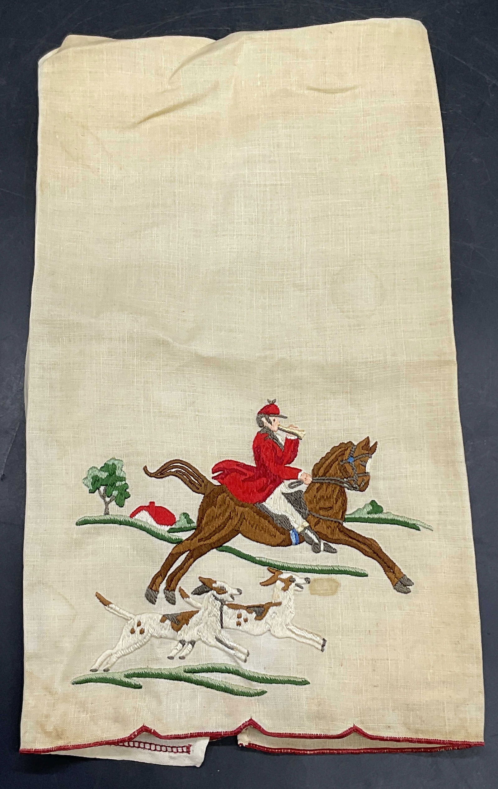 Vintage Embroidered Huntsman Motif Tea Towel: A vintage embroider huntsman motif tea towel. Crafted from soft hand material. Measures approx. 21.5L x 12.5W in. Discoloration and surface wear present. home decor, home accents, homewares, houseware