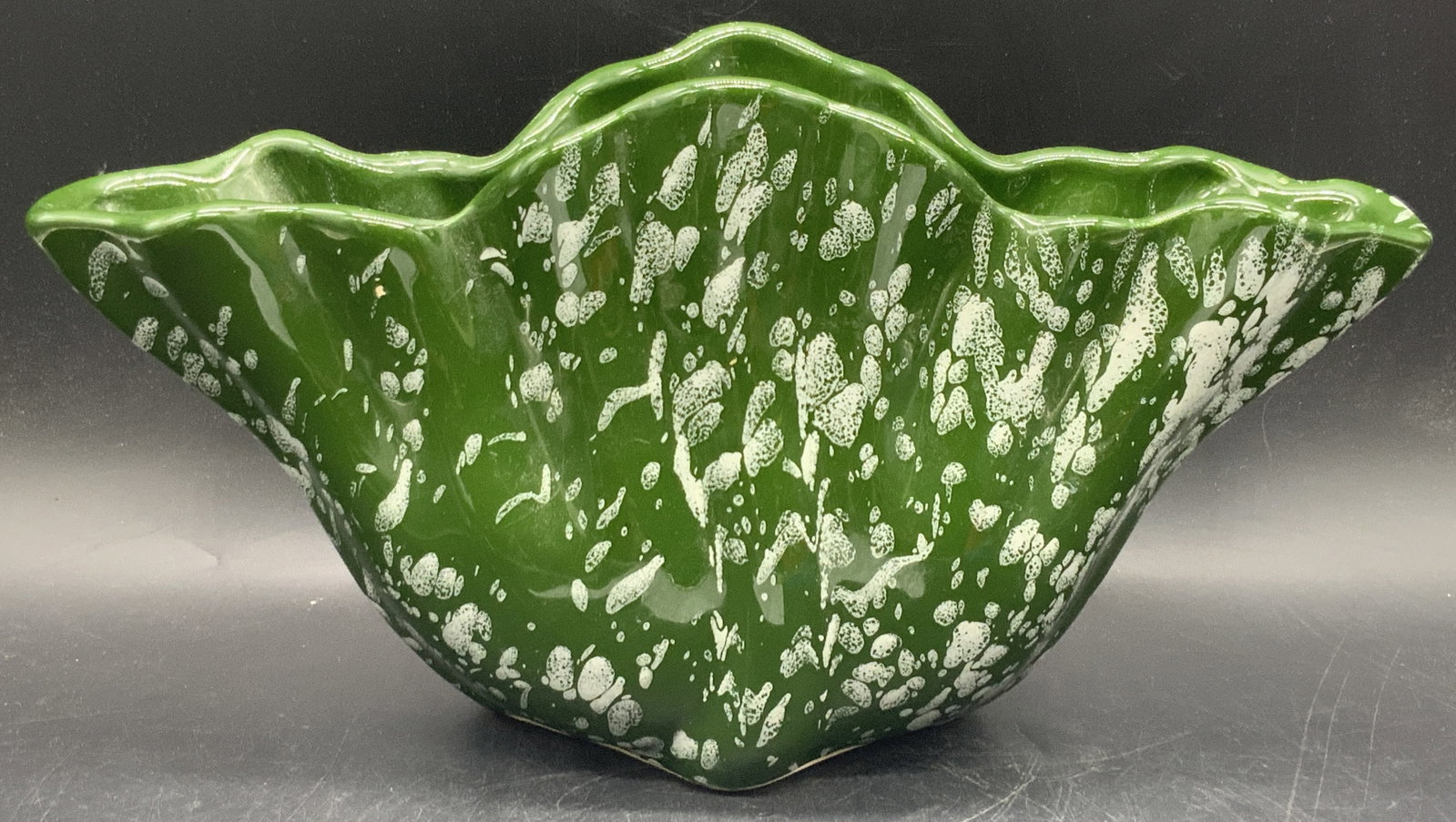 Vintage Green & White Marbled Pottery Planter Vase: A vintage green and white marbled pottery planter vase. Measures approx. 6.5H x 12.5W in. Some surface wear consistent with age, use, and exposure. Some sticker residue present. Collectibles, Vintage 