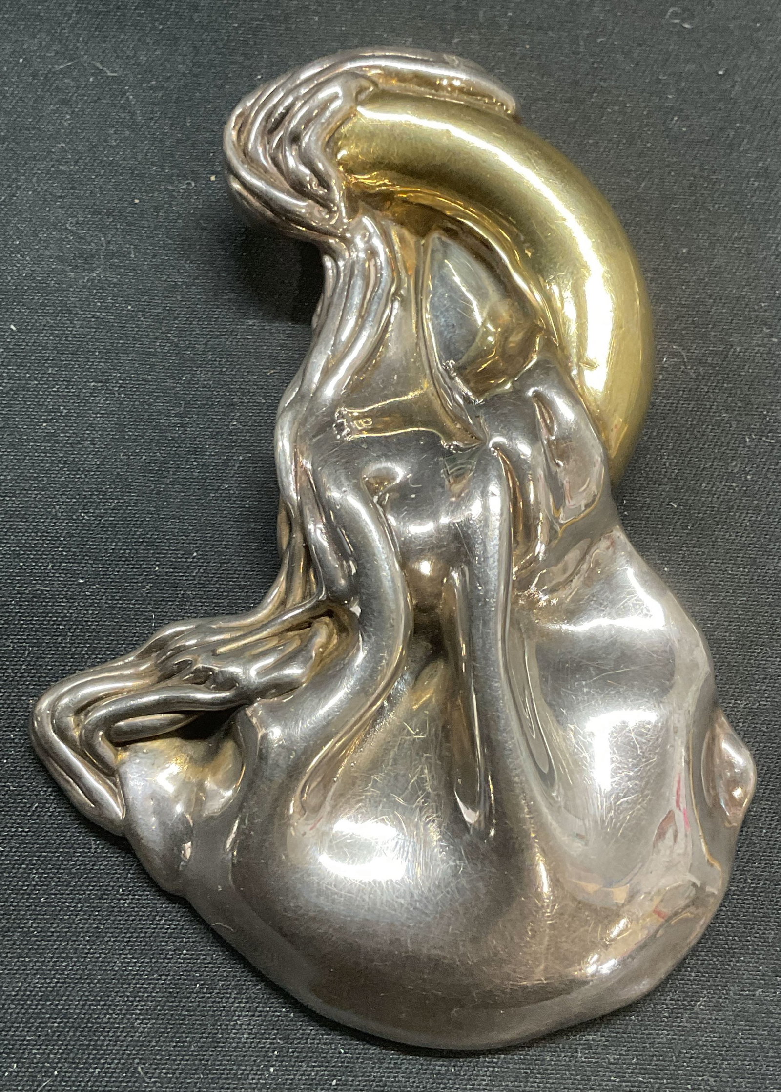 Bat Ami Sterling Silver Gold Pl Modernist Brooch: Bat Ami sterling silver and gold plated or vermeil modernist brooch. Abstract motif with wavy detail. Signed to underside. Marked 925. Measures approx. 3 3/8 x 2 3/8 inches. Total weight 31.6 grams. S