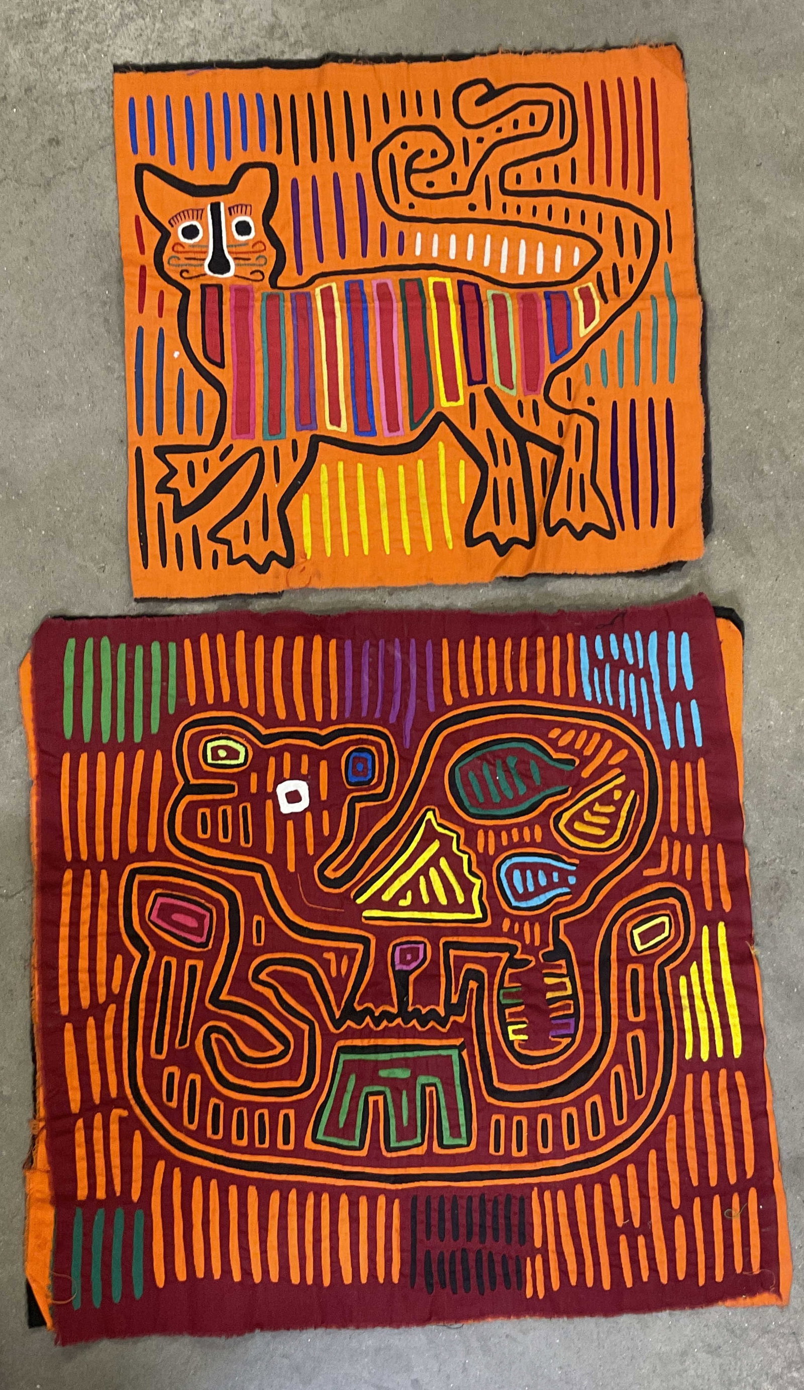 Lot 2 Vintage Kuna Mola Tapestries, Cat & More (1 of 7)