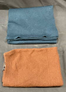 2 Rodier & Perfectly Patricia Blue & Brown Scarves: Perfectly Patricia by Patricia Underwood brown knit scarf. Cotton, angora, cashmere, nylon, and viscose blend. Rodier teal blue scarf. Wool and acrylic blend. Longer scarf measures approx. 66 inches l