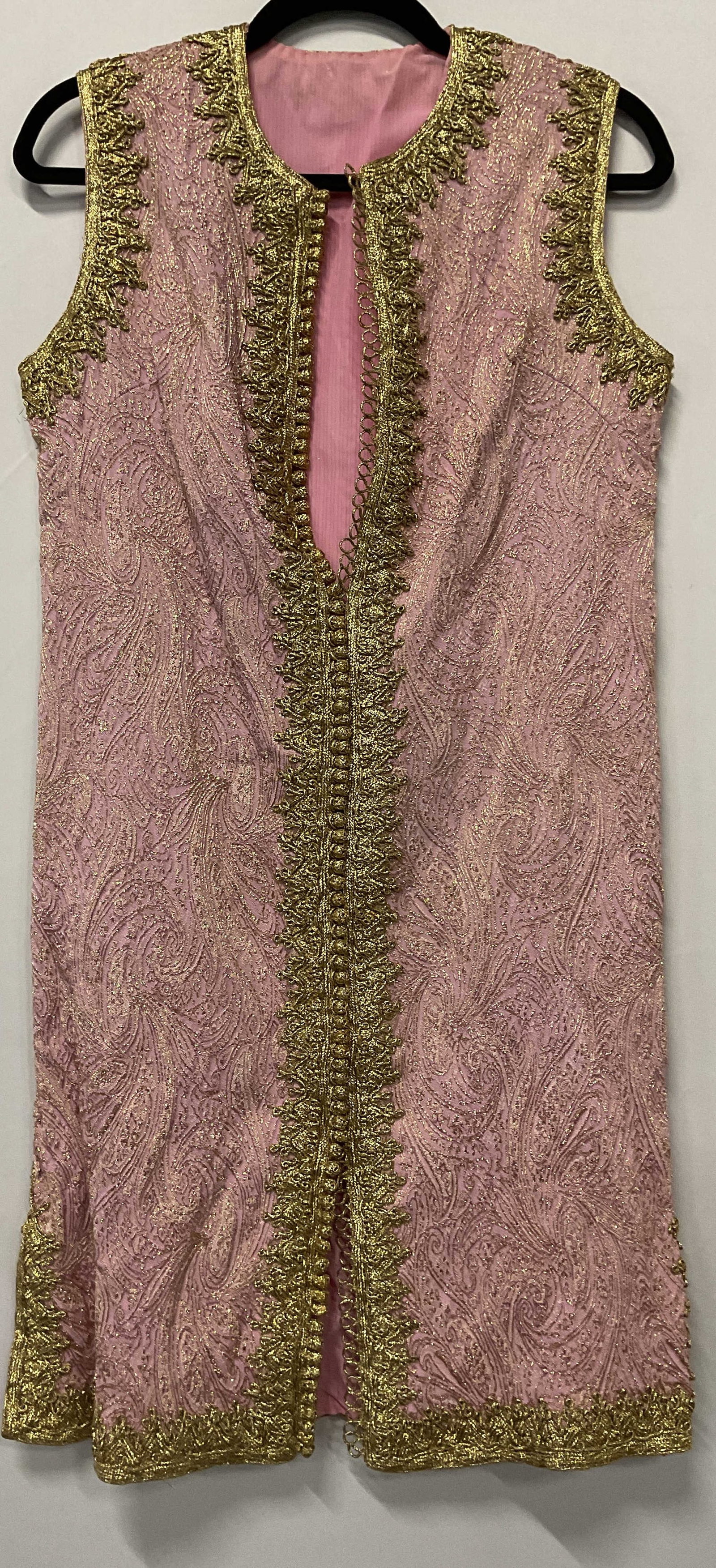 Vintage Pink Gold Embroidered Paisley Shift Dress: Vintage sleeveless pink shift dress with gold metallic embroidered paisley pattern. Front button closure. Measures approx. 17 inches across chest. Synthetic material. Some wear to material consistent 