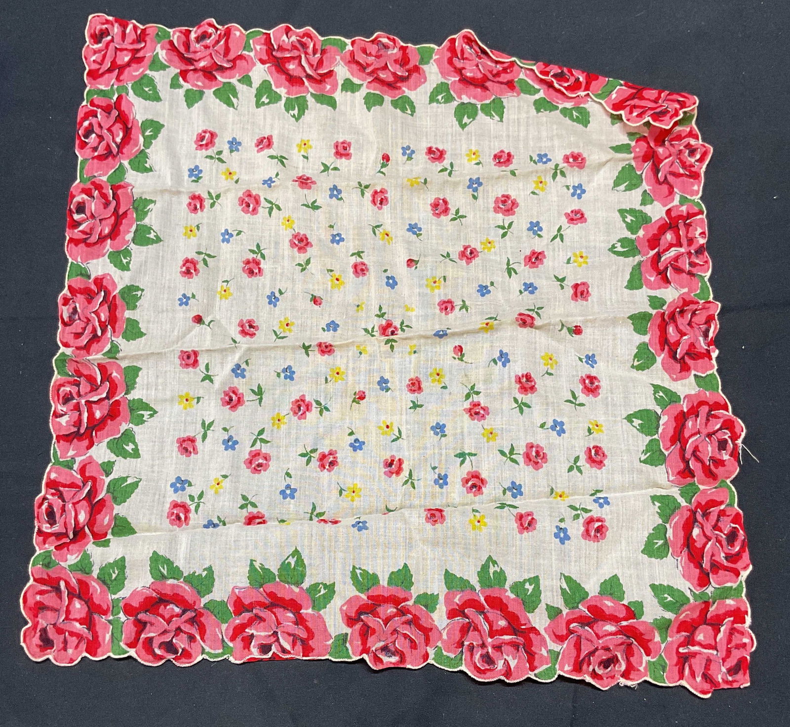 Vintage Pink Floral Cotton Handkerchief: Vintage handkerchief in pink and white with floral pattern. Material feels like cotton. Measure approx. 12.5 x 11.5 inches. Some wear to material including blemishes observed. Handkerchief, cotton han