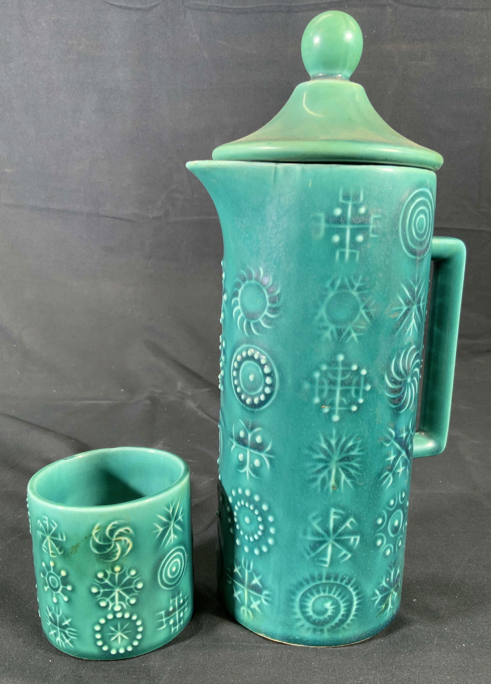 Teal Asian Ceramic Water Pitcher & Cup (1 of 12)