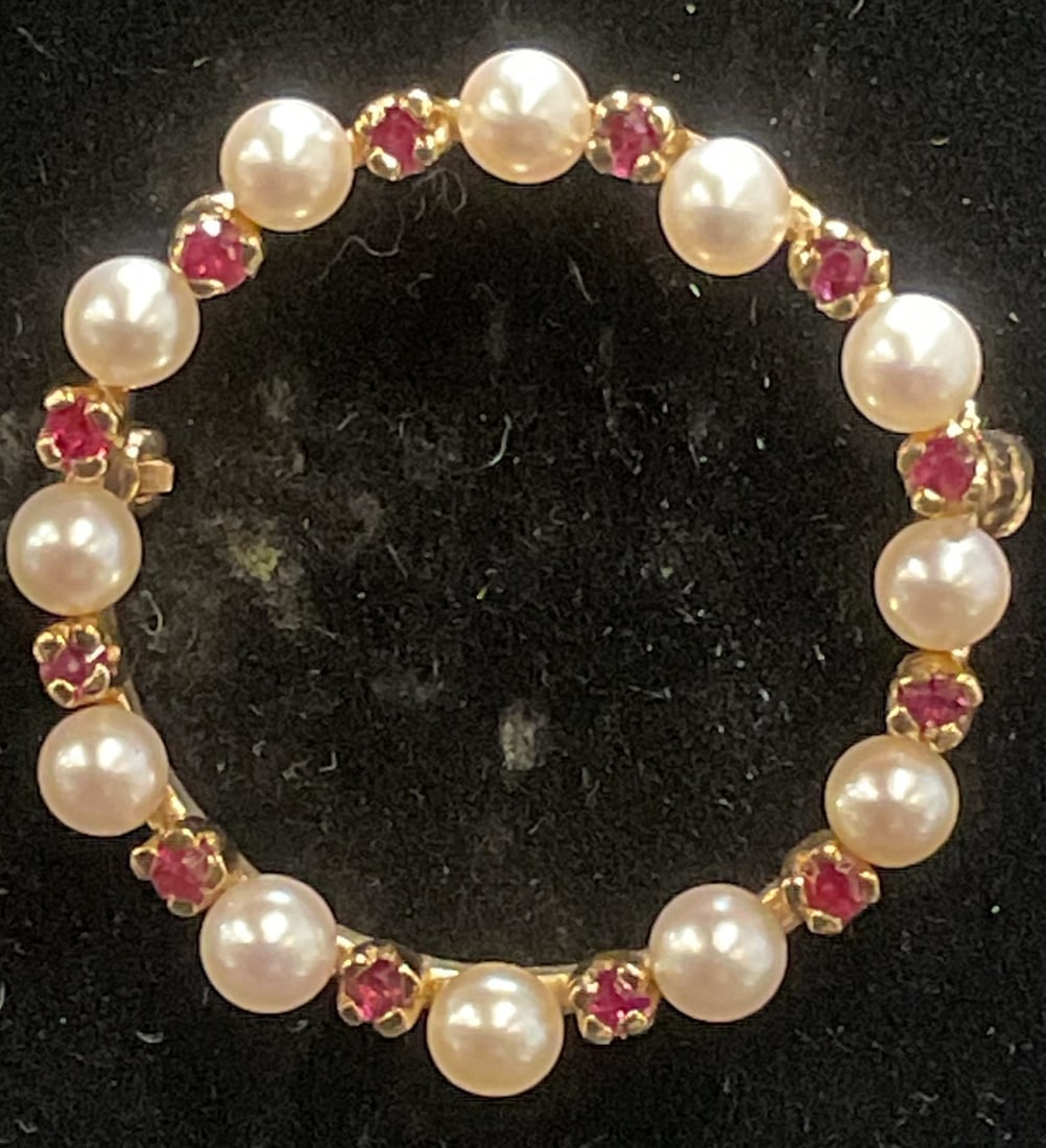 14k Gold Red Gemstone & Pearl Brooch (1 of 9)