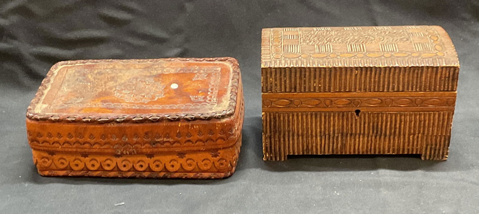 Lot 2 Signed Carved Wood Box, Leather Box Poland + (1 of 9)