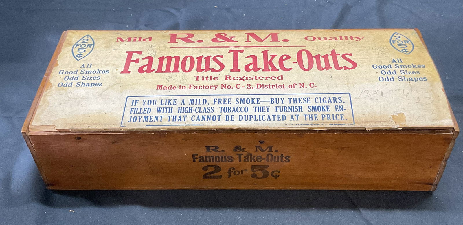 Vntg R & M Famous Take Outs Wooden Cigar Box: Vintage R & M Famous Take Outs wooden cigar box. Labeled on box. Measures approx. 13.75 x 5.5 x 3.25 inches. Surface wear including scratching, chipping and losses observed. R and m famous take outs,