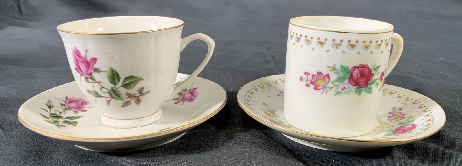 Lot 2 Floral Decorated Porcelain China Tea cups: Lot 2 Porcelain tea cups. Both tea cups and saucers have floral motifs on sides and borders. Undersides of cups reads Made in China and stamped with additional Asian characters. Tea cup on saucer meas