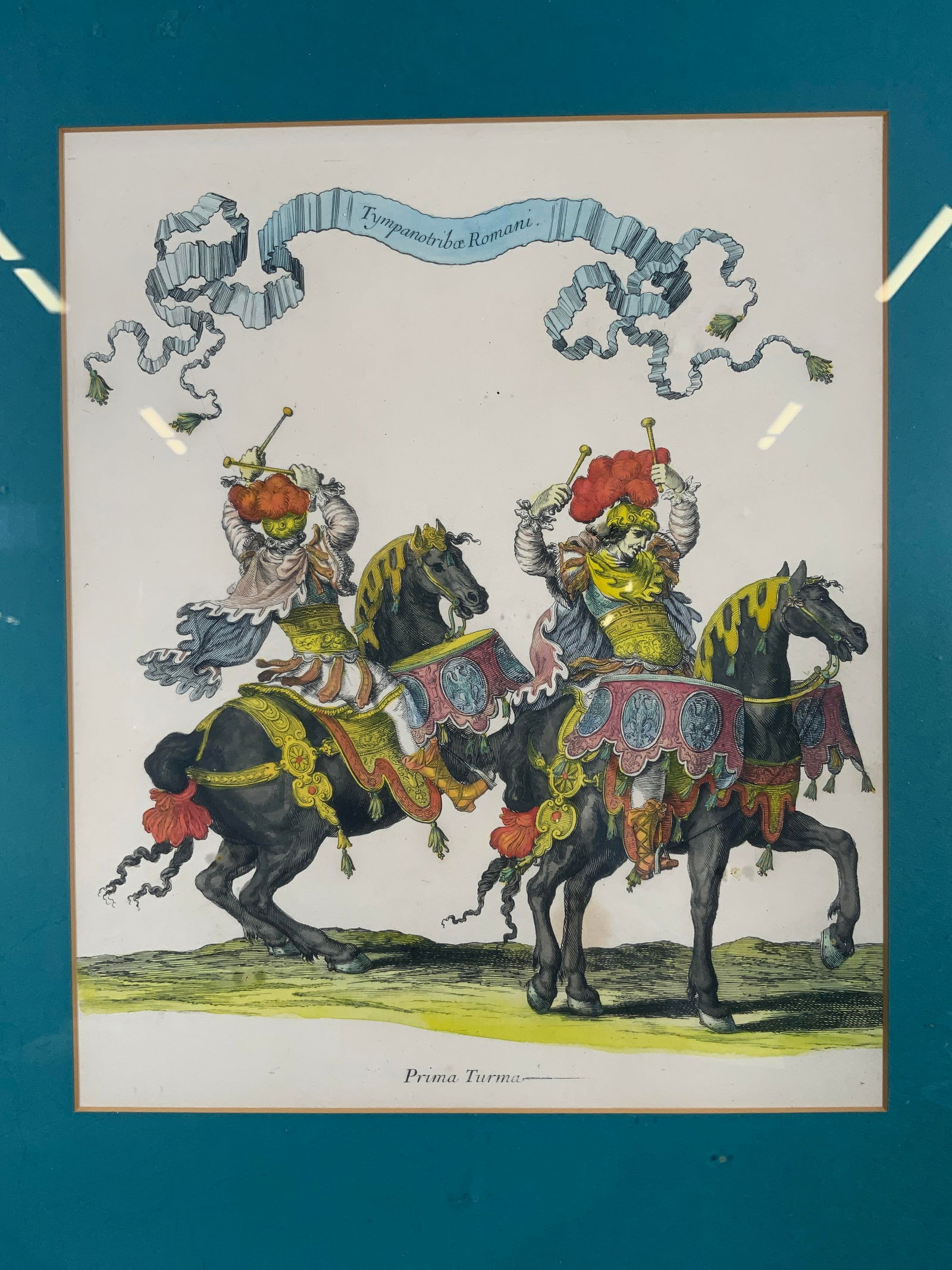Francois Chauveau Roman Timbaliers Engraving: Hand colored engraving. Engraving by Francois Chauveau (1613-1676). Caption reads Prima Turna , or First Class. Titled Roman Timbaliers. Subject depicts two men riding highly decorated horses hitting