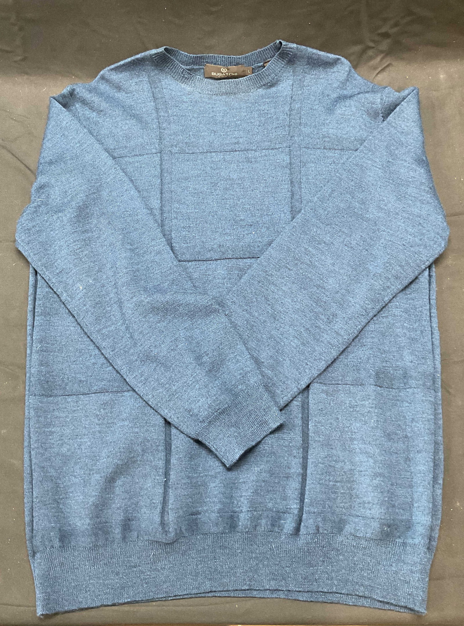 Bugatchi Blue Merino Wool Sweater: Bugatchi blue merino wool sweater, windowpane pattern. Size L. Some wear to material including small hole, blemishes, and pulls consistent with exposure. Bugatchi, Bugatchi sweater, mens sweater, mens