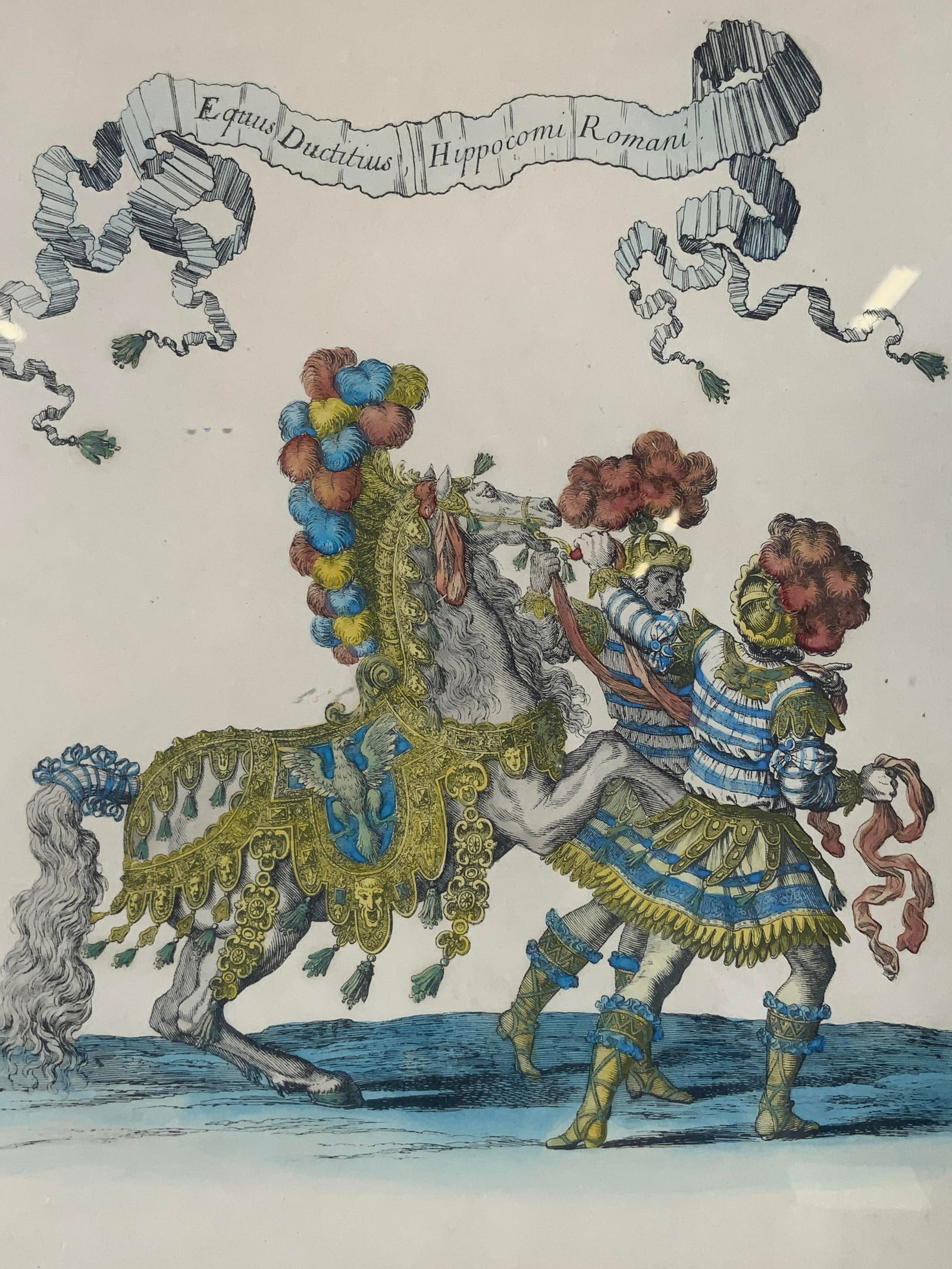 Francois Chauveau The Hippocampus Engraving: Hand colored engraving. Engraving by Francois Chauveau (1613-1676). Titled Men Leading the Roman Hippocampus. Subject depicts two men leading a highly decorated horse that is on its hind legs. Framed