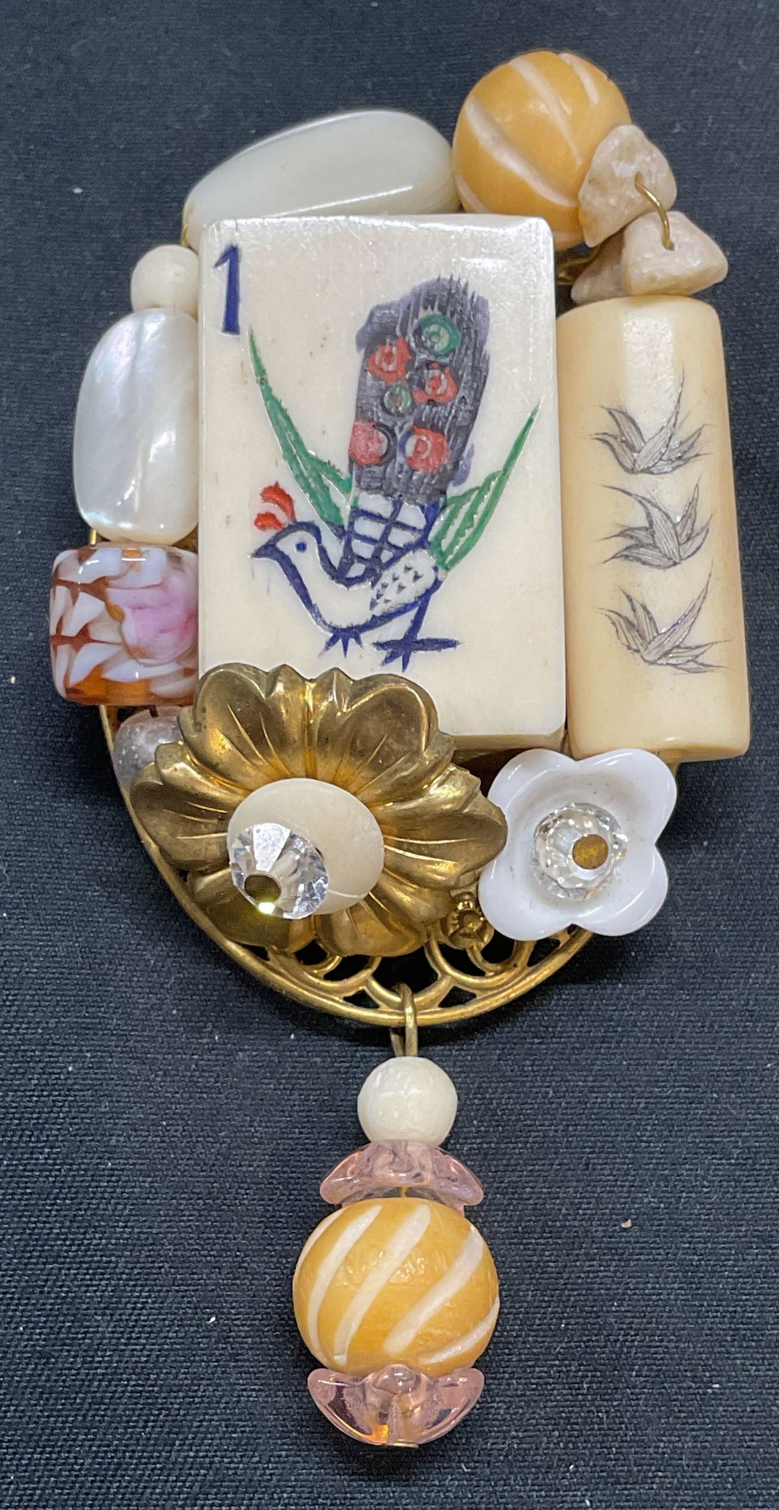 Signed Mahjong Tile Mother of Pearl Brooch (1 of 6)